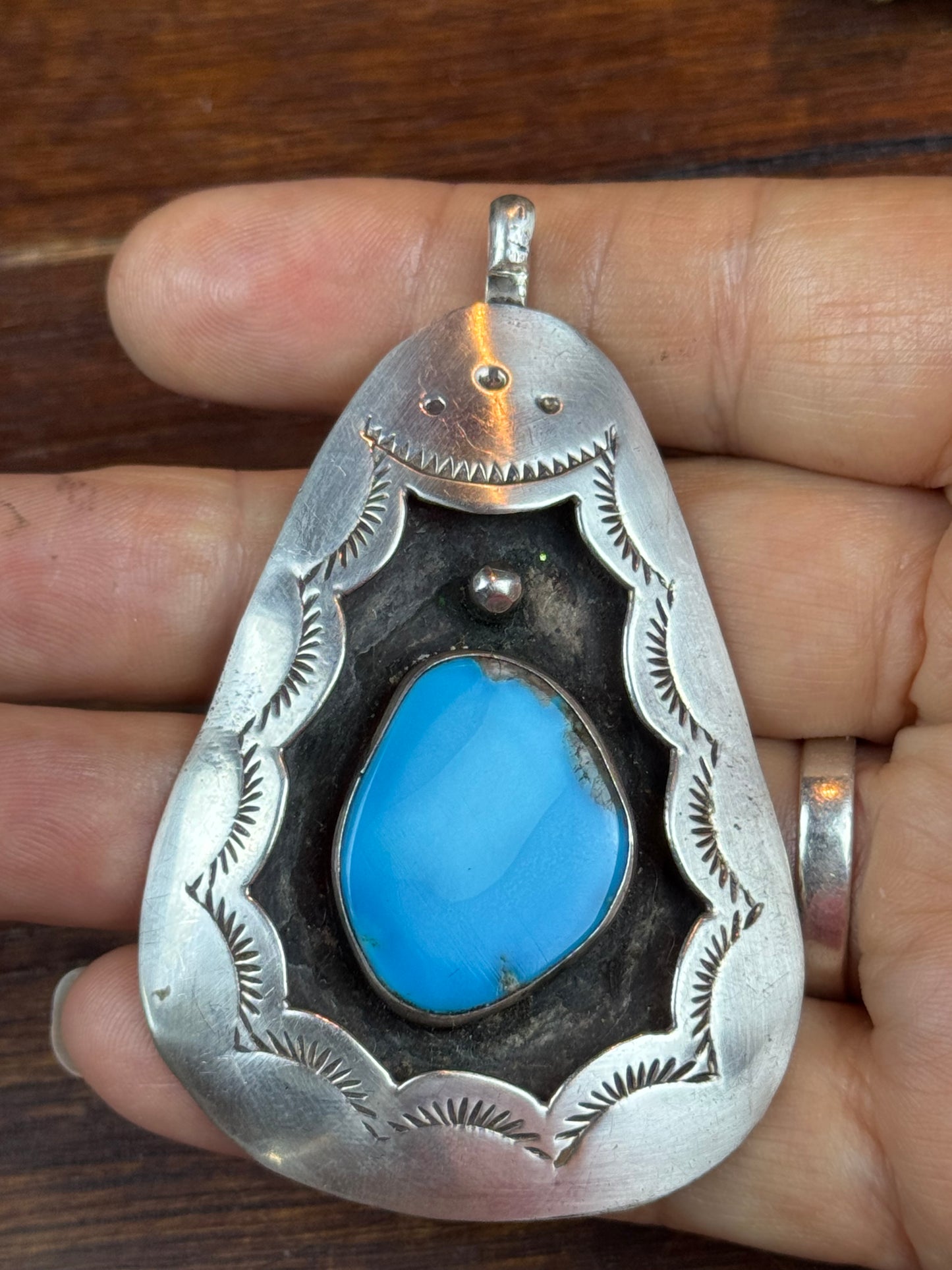 Vintage Silver Turquoise Pendant Signed Ashley Southwestern Large 2.5”