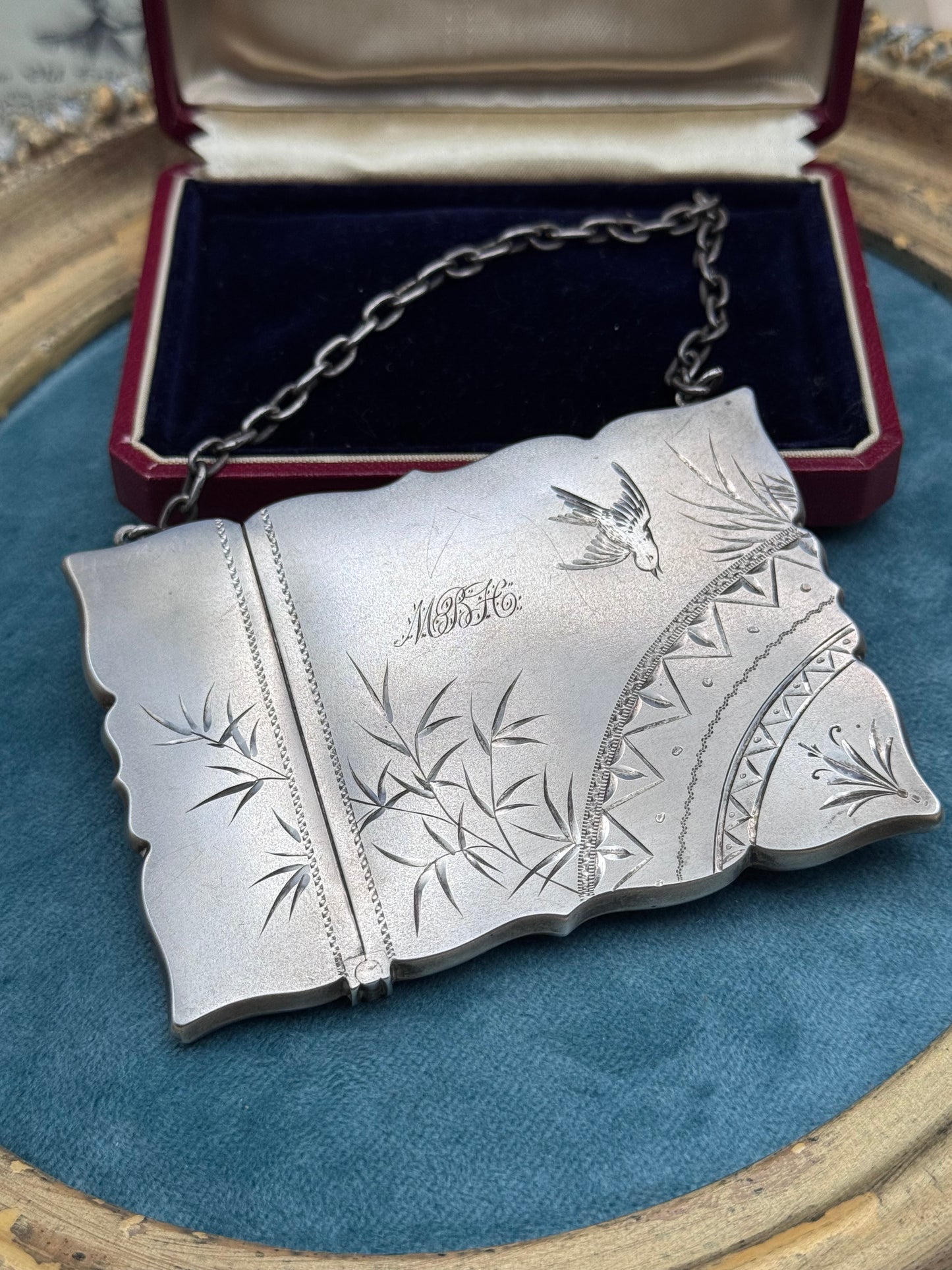 Antique Victorian Calling Card Case Aesthetic Movement Bird Bamboo STERLING Silver - Monogram MBH Fits Credit Card!!