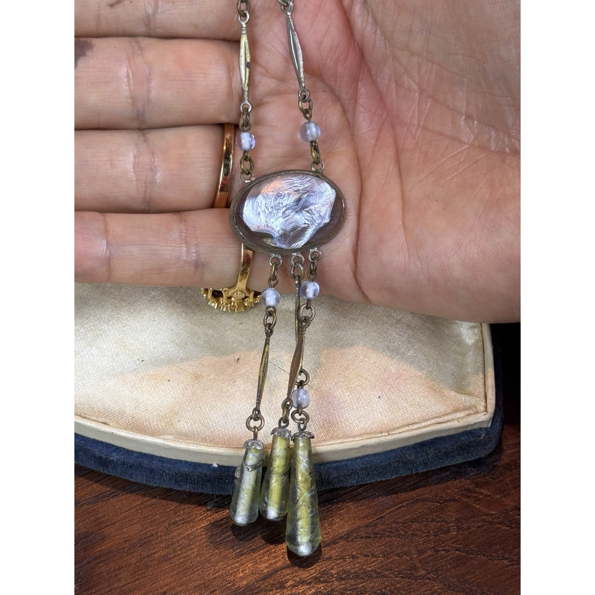 Antique Czech Style Art Glass Necklace Blue Green Glass Dangle Drop 20”