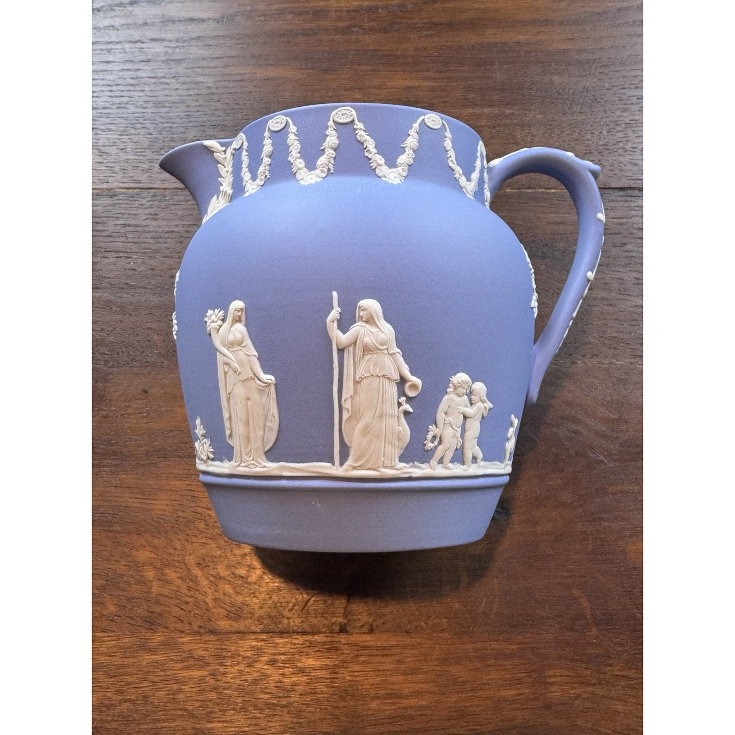 Vintage Wedgwood Jasperware Pitcher Blue White Classical Figures England 5”