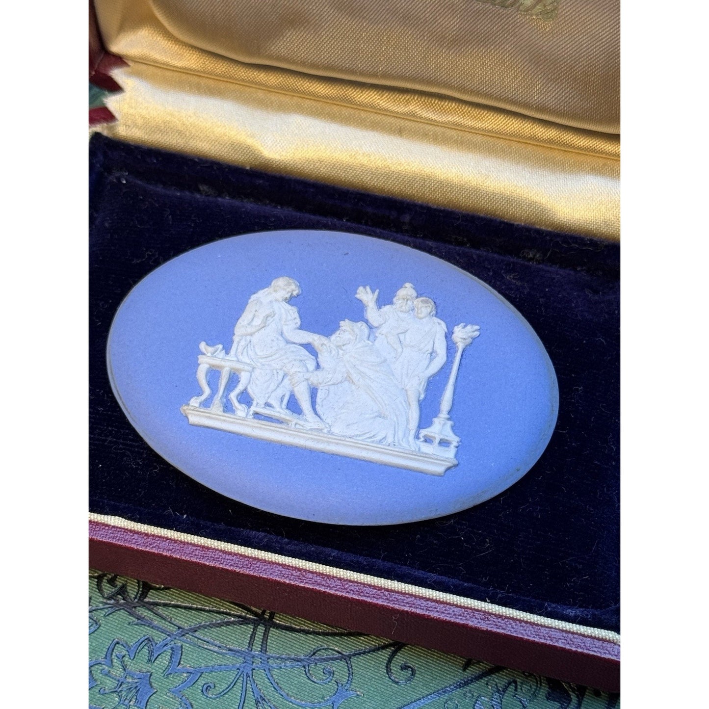 Wedgwood Jasperware Plaque Brooch Blue White Classical Scene 2” 1951