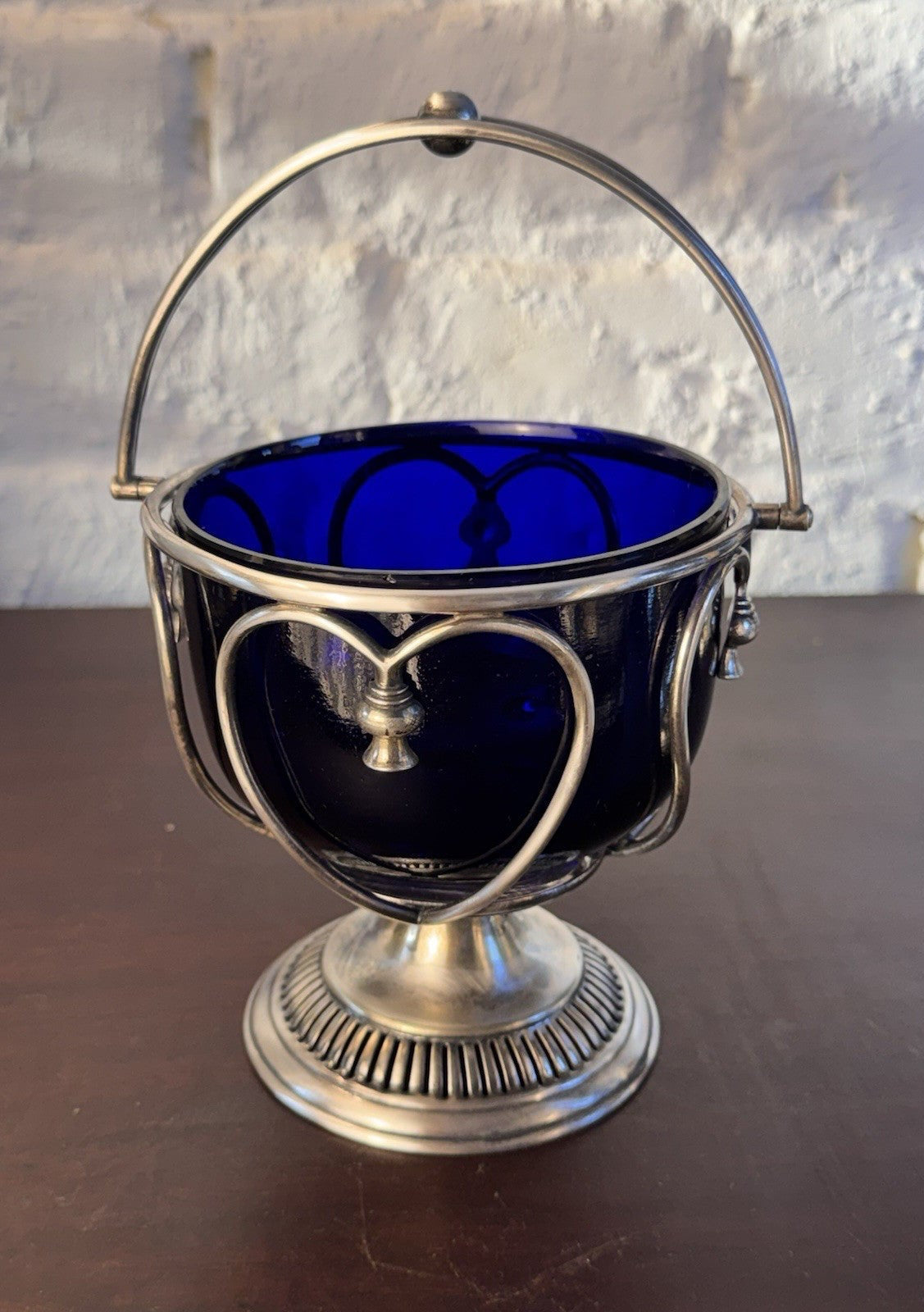 Vintage Bonbon Basket Cobalt Blue Glass Silverplate Heart Shapes Pedestal 7.5”