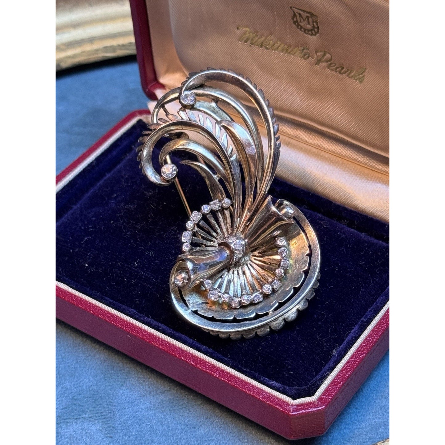 R De Rosa Sterling Vermeil Fur Clip Rhinestone Floral Scroll Design Vintage