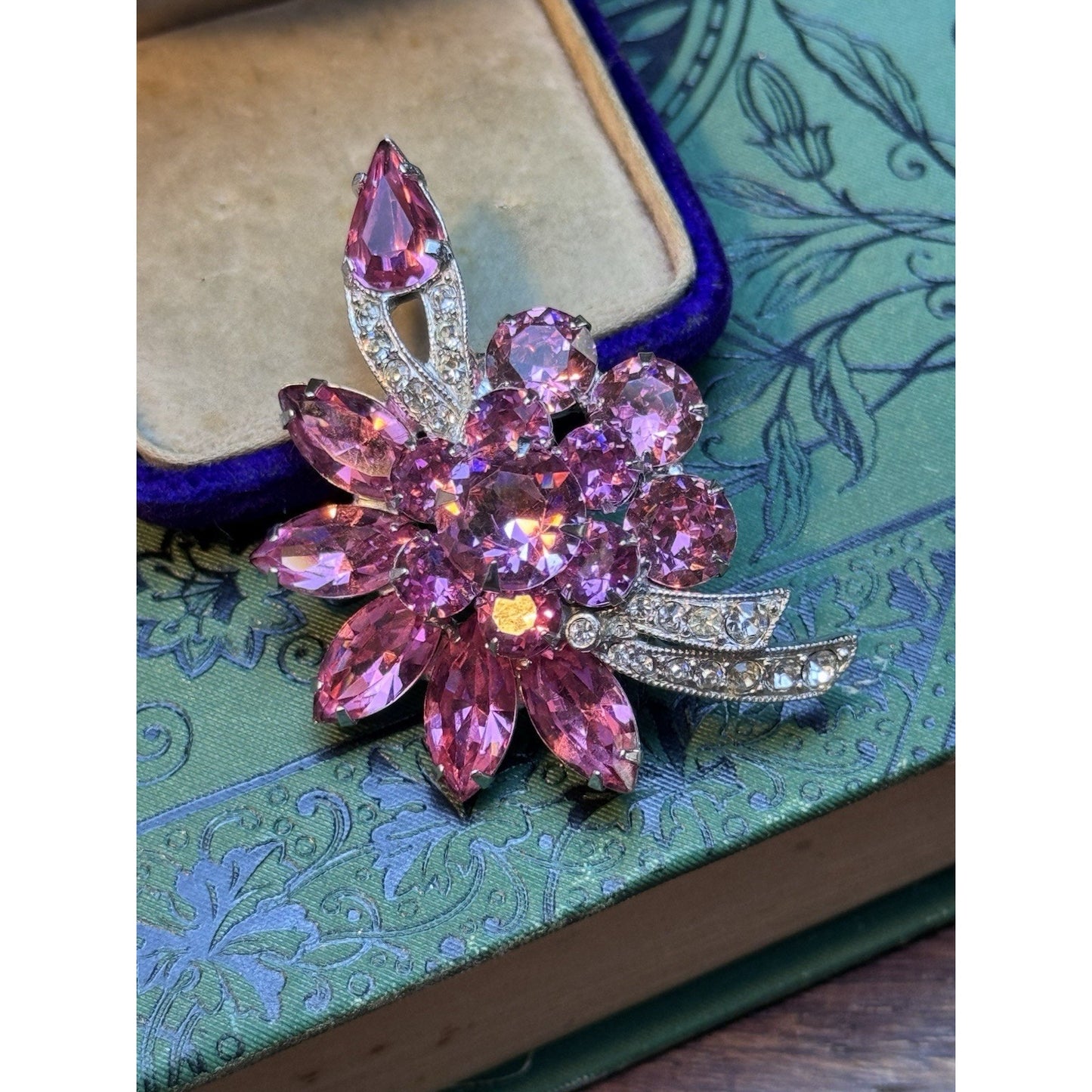 Eisenberg Ice Pink Rhinestone Floral Brooch Silver Tone Vintage Signed 2.5”