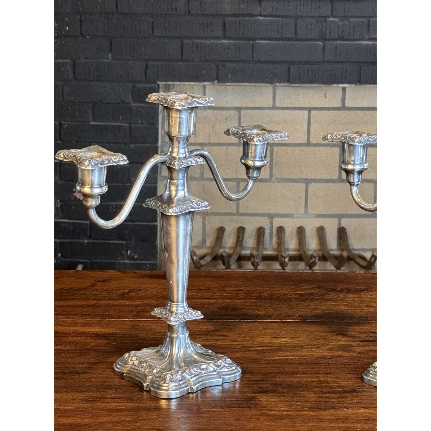 Silverplate Candelabra Pair Antique Repoussé 3-Light Ornate 12”h DENTS