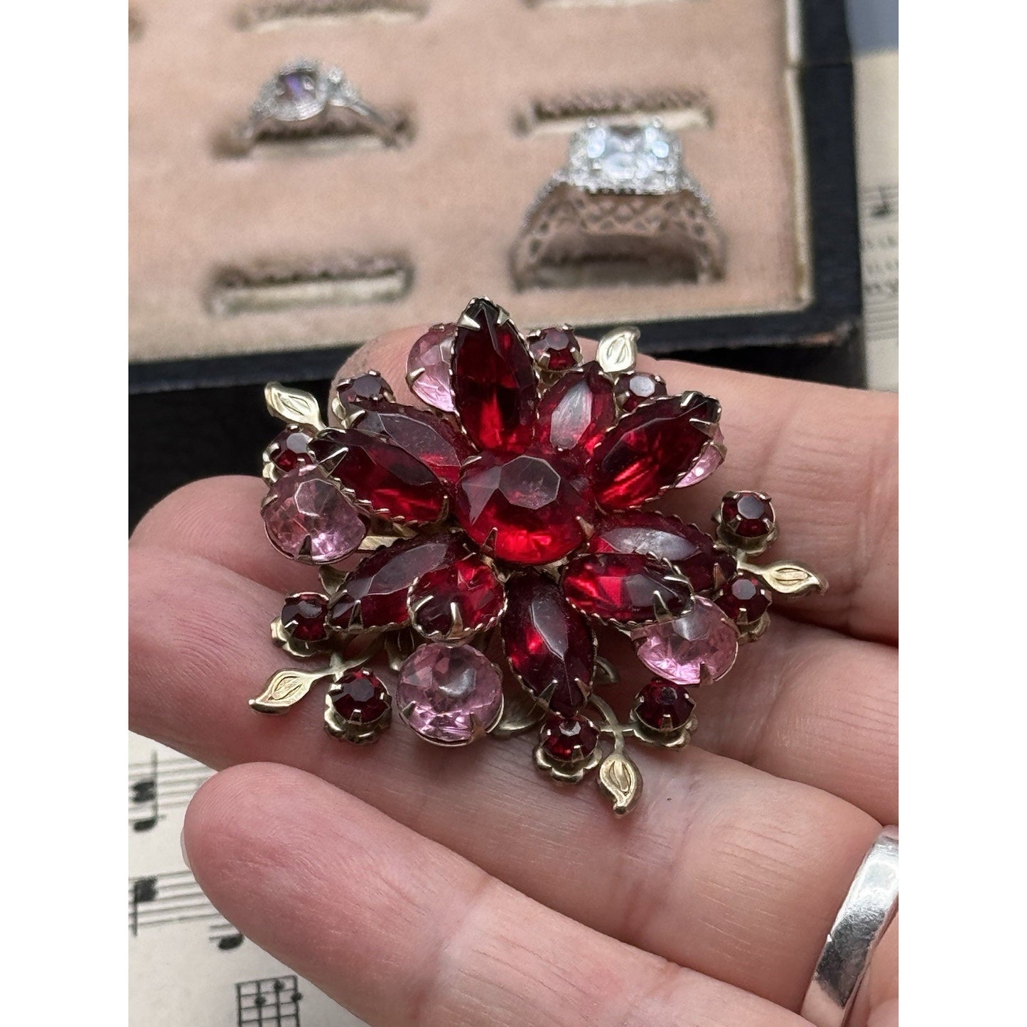 Vintage Red Pink Rhinestone Floral Brooch Silvertone Layered Flower Pin 2”