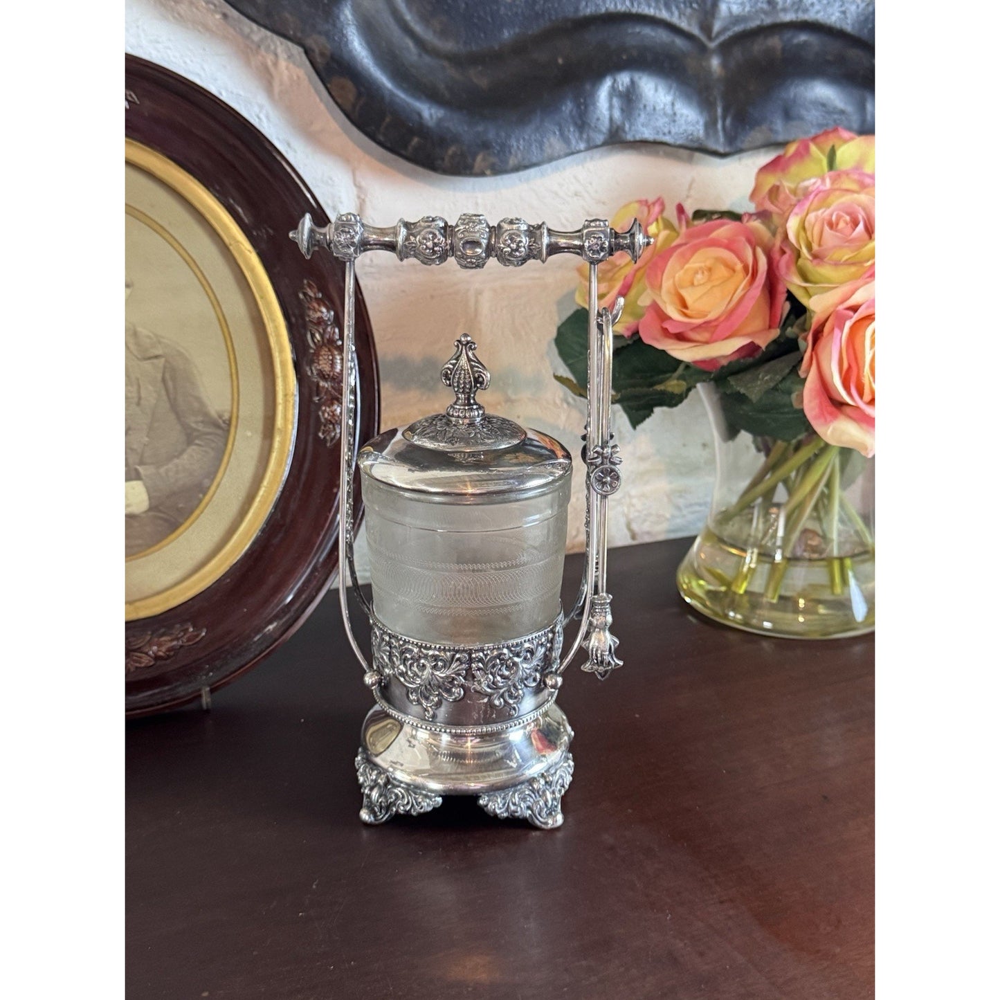 Antique Pickle Castor Forbes Silver Co Quadruple Plate Glass Jar & Tongs