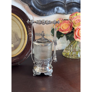 Antique Pickle Castor Forbes Silver Co Quadruple Plate Glass Jar & Tongs