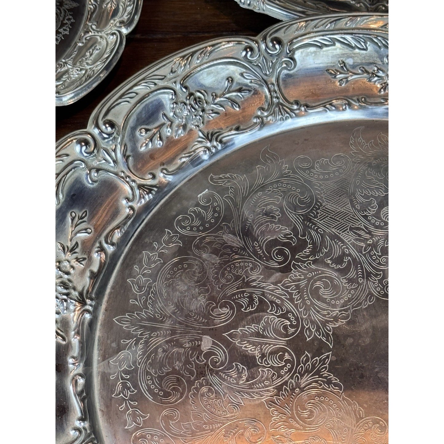 Silverplate Trays Set of 3 Leonard Repoussé Floral 14.5” 10.5” 8” VINTAGE