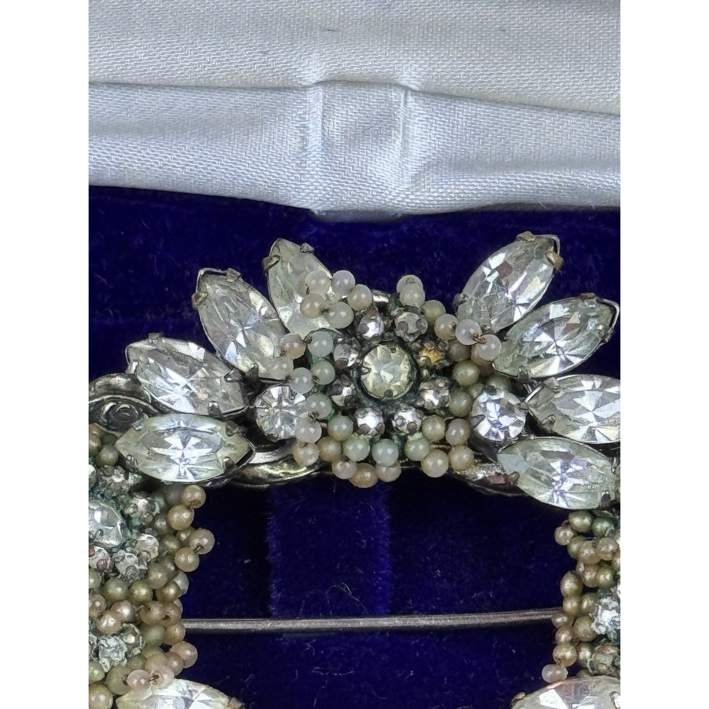 VTG Miriam Haskell Brooch Rhinestone Seed Pearl Floral Wreath Signed 3” READ‼️