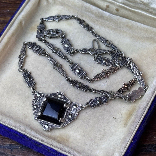 Vintage Sterling Silver Onyx Marcasite Necklace Art Deco Style 16.5” Black