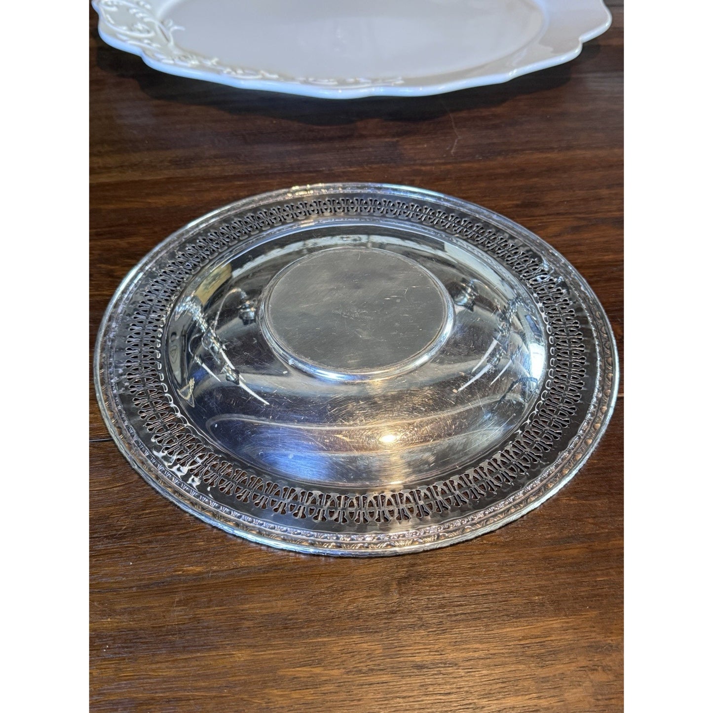 Silverplate Relish Dish Rogers Bros Reticulated Bowl w Antique Glass Insert 9”