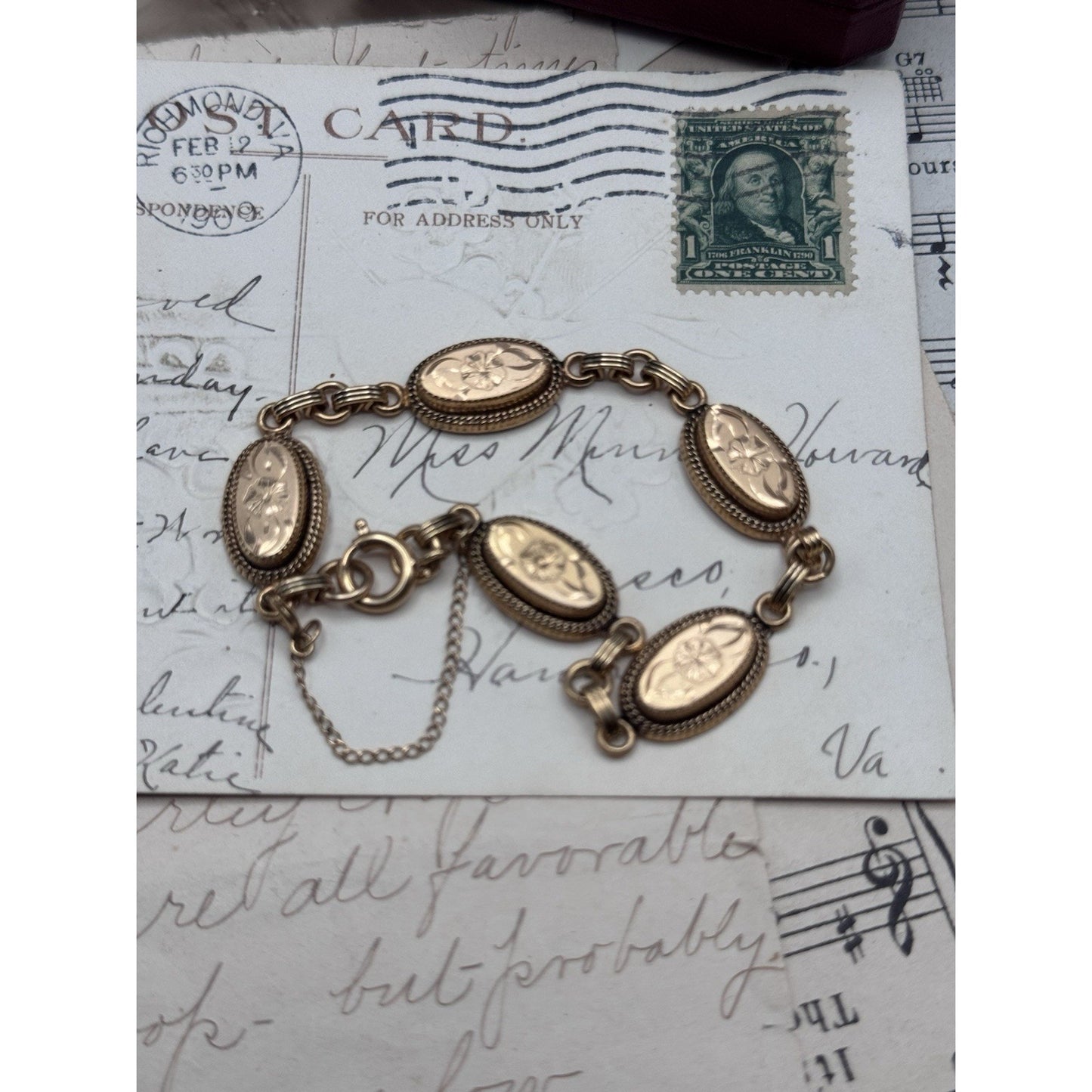 Vintage Gold Filled Floral Link Bracelet Victorian Style Safety Chain 7”