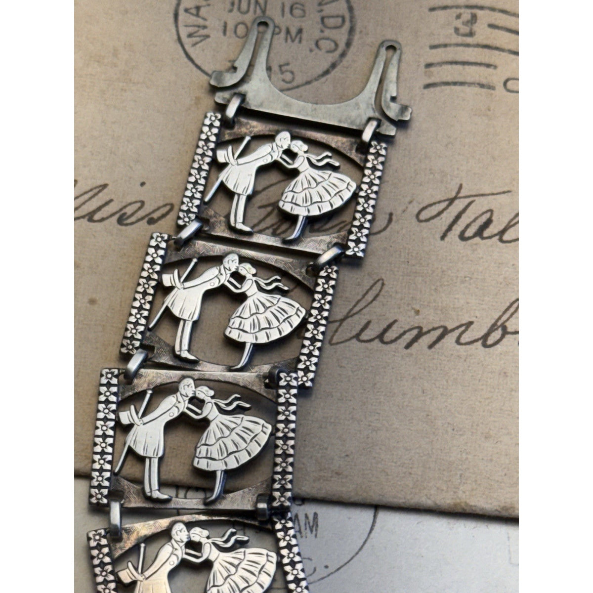 Vintage Sterling Silver Kissing Couple Bracelet Romantic Love Story Panel 6.75”