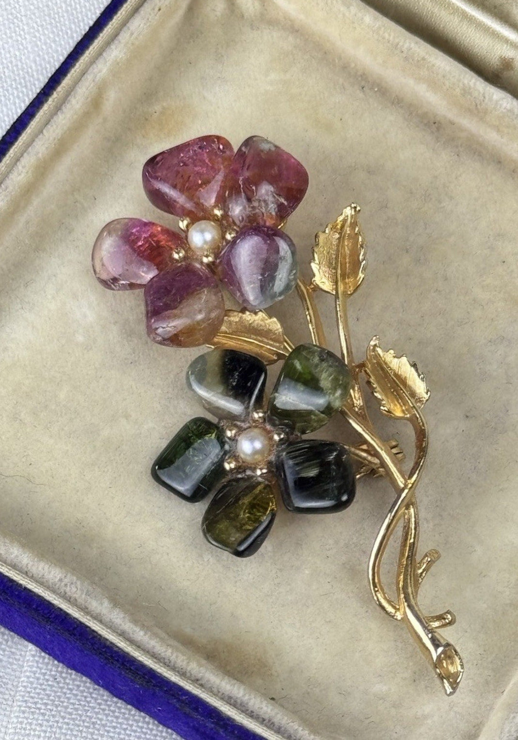 Vintage Pink Green Stone Floral Brooch Seed Pearl Goldtone 2.75” Estate Pin