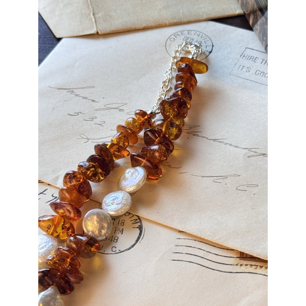 Amber Necklace Cultured Pearl Coin Nugget Beads Silvertone Lobster Clasp 22”