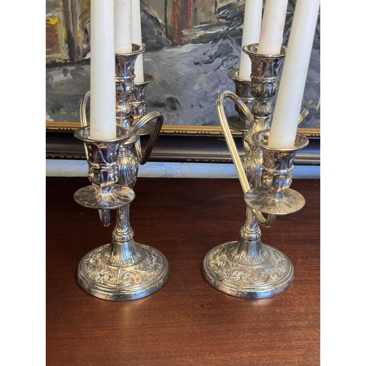 Candelabra Pair Silverplate WM Rogers 3 Light Ornate Floral Scroll Vintage 10”