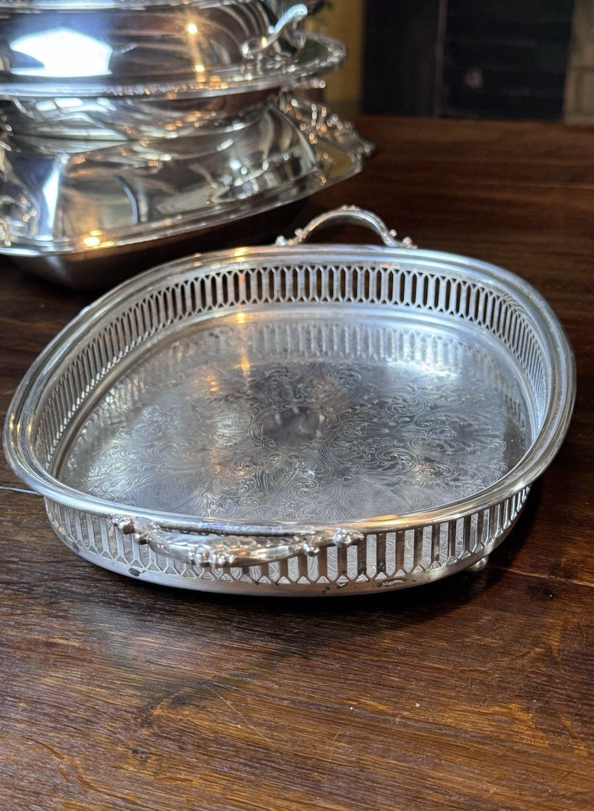 Silverplate Gallery Tray Footed Handled Wallace Ornate Serving Vanity 14”