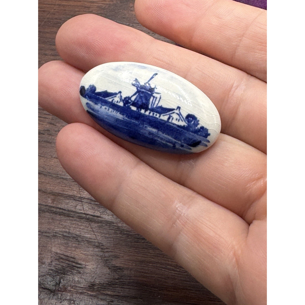 Vintage Brooch Delft Style Porcelain Windmill Landscape Holland 1.5” x .75”