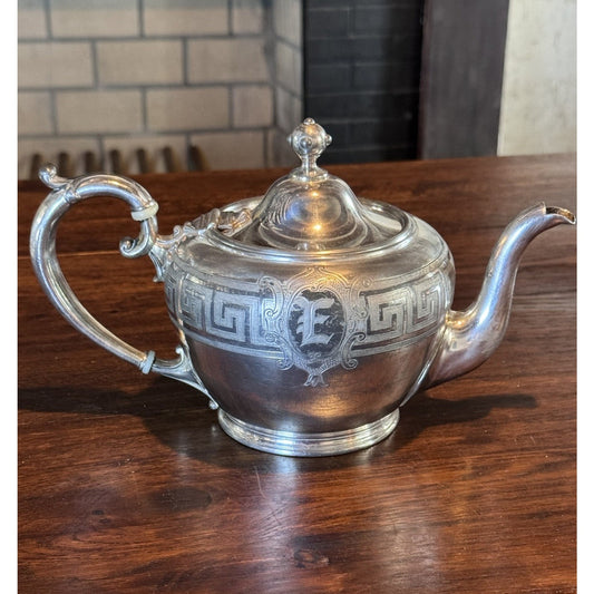 Silverplate Teapot Reed & Barton Greek Key Monogram E Vintage Tea Pot 10” Shabby