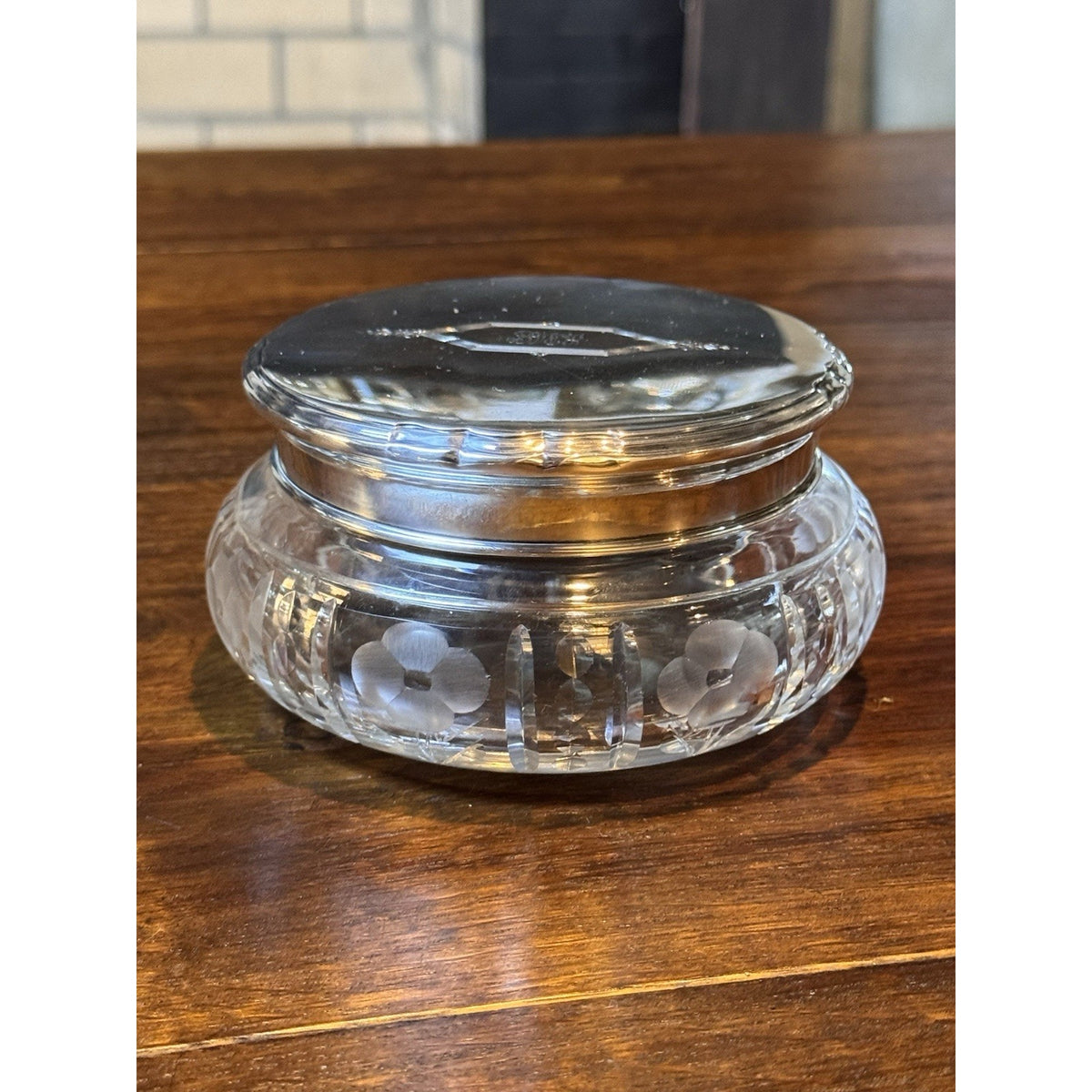Art Deco Antique Crystal Jewelry Box Sterling Silver Lid Vanity 5.5”