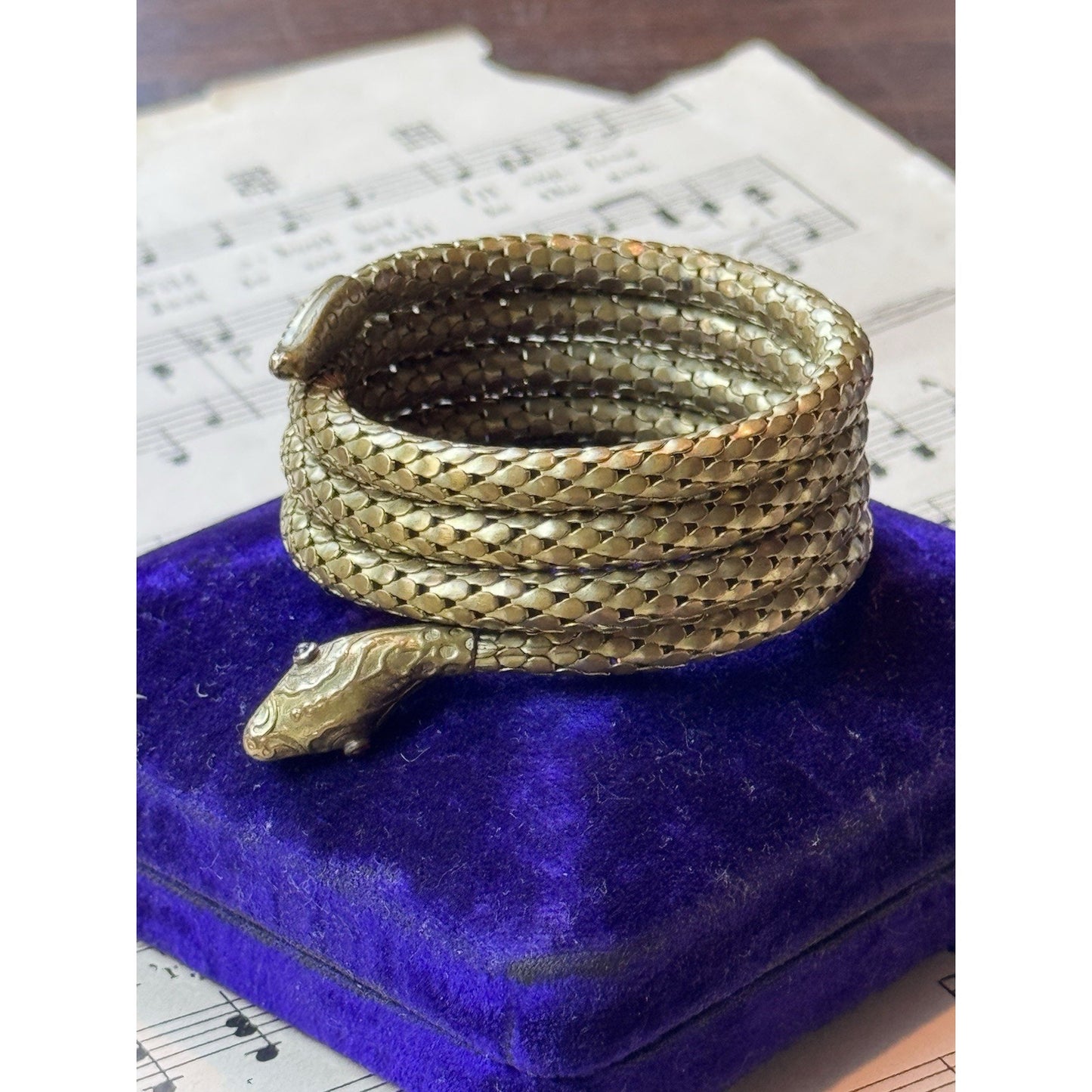 Snake Coil Bracelet Victorian STYLE Goldtone Red Glass Eyes 6.25” x 1”