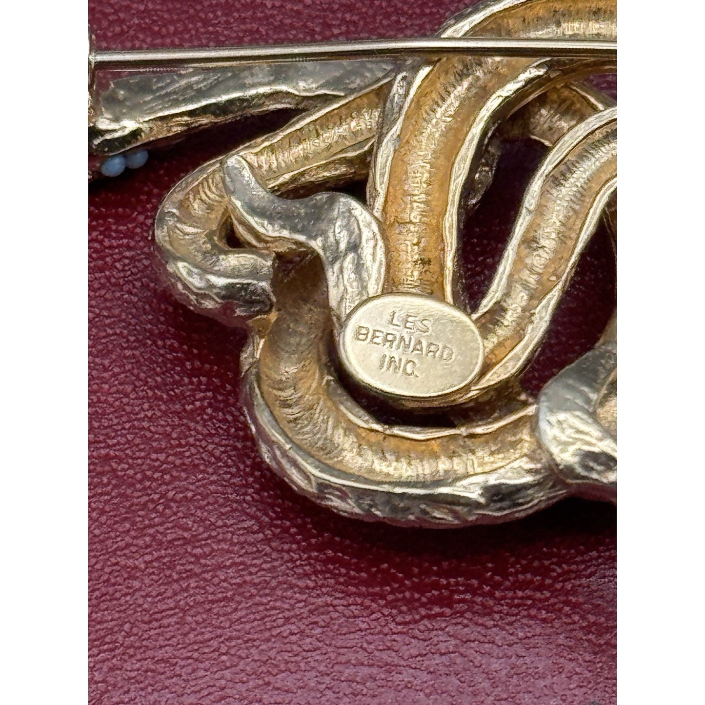 Les Bernard Snake Brooch Goldtone Serpent Blue Cabochon 2” Signed Inc Vintage
