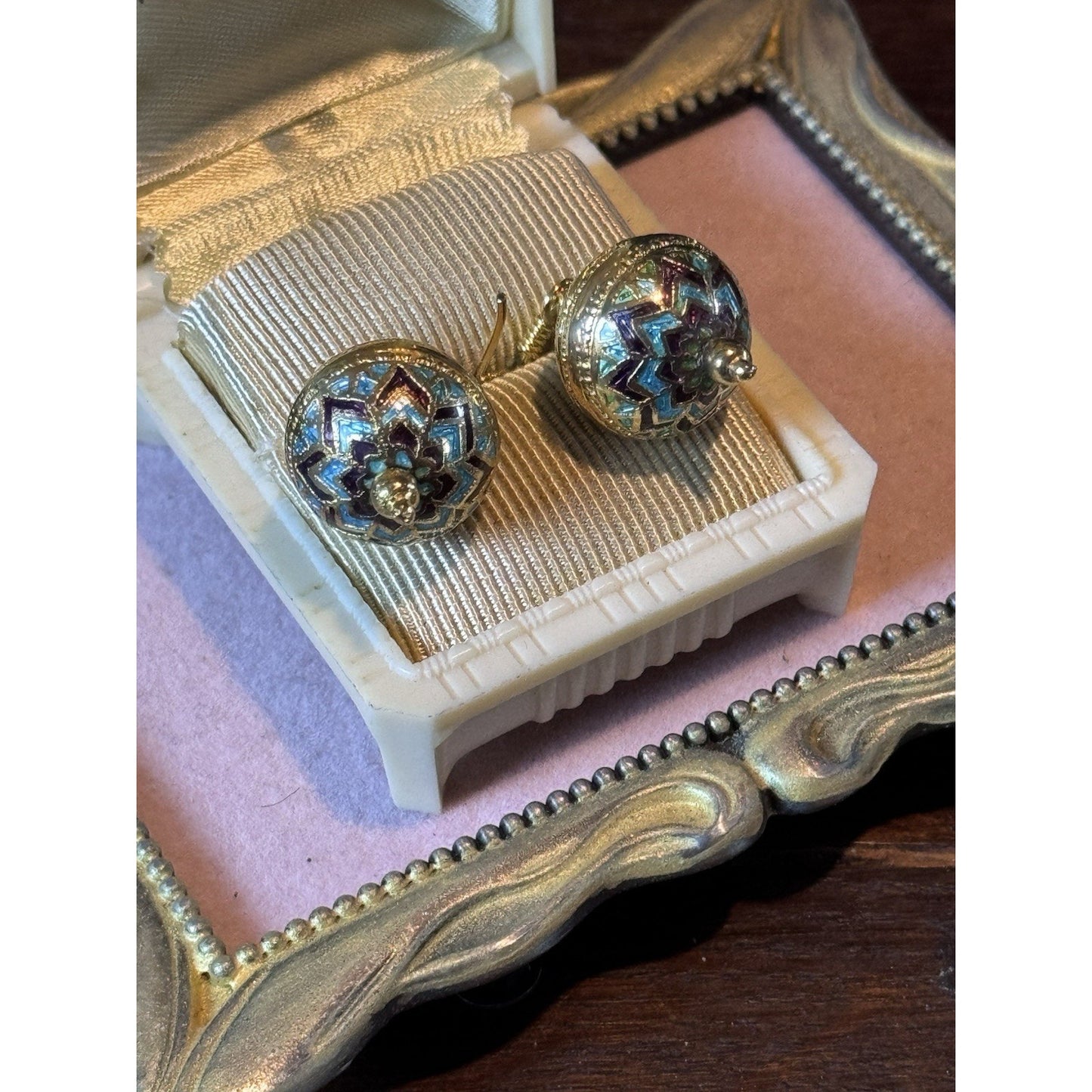 Vintage 925 Sterling Vermeil Enamel Ball Drop Earrings Turquoise Brown 1”