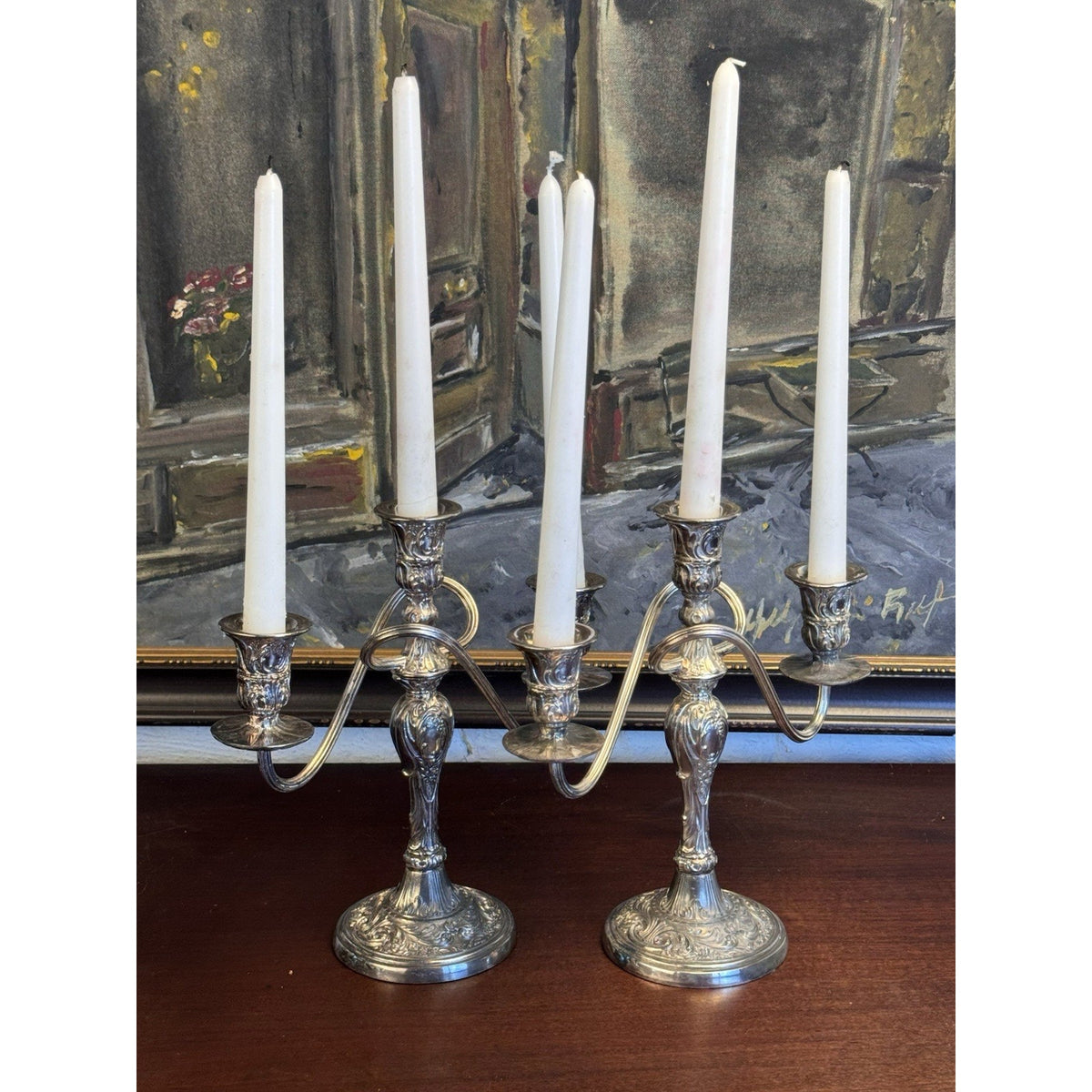 Candelabra Pair Silverplate WM Rogers 3 Light Ornate Floral Scroll Vintage 10”