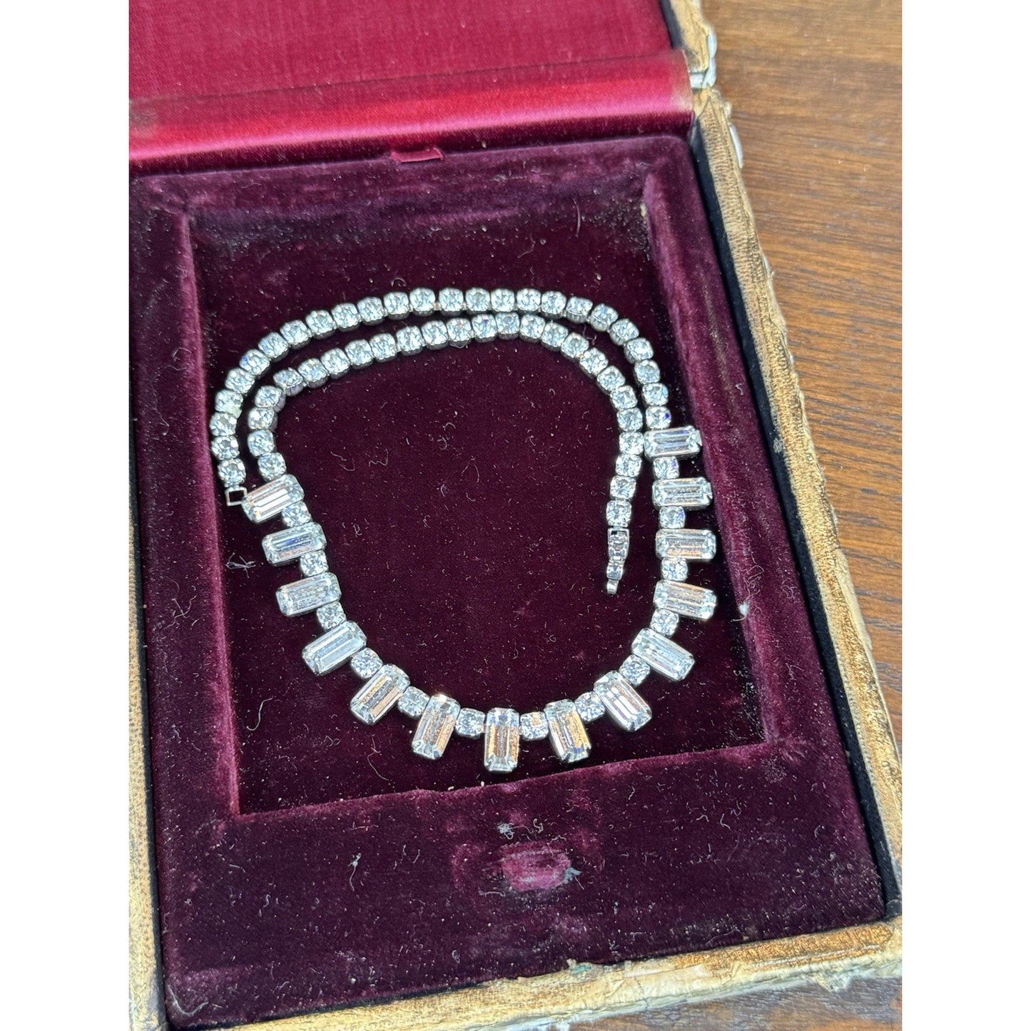 Vintage WEISS Necklace Clear Rhinestone Baguette Fringe – Signed – Circa 1950s