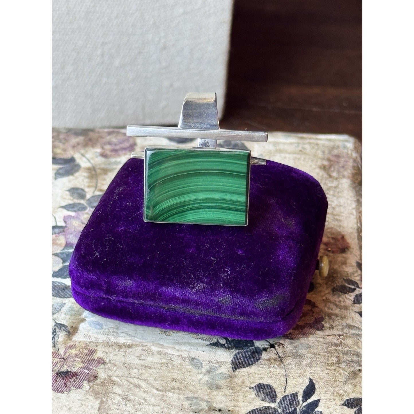 Malachite Ring Sterling Silver Modernist Size 8.5 Adjustable Statement Ring