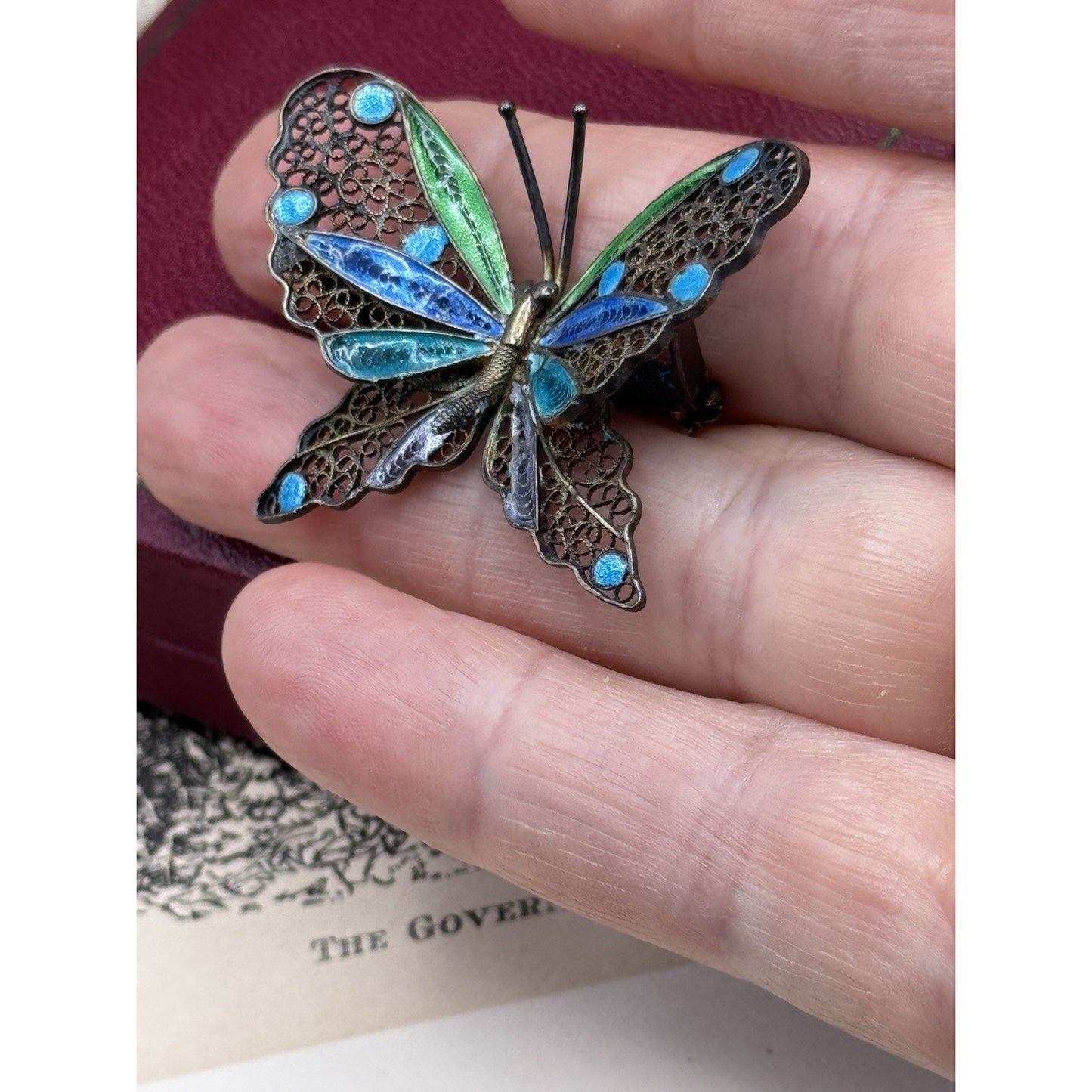 800 Silver Butterfly Brooch Filigree Enamel Blue Green 1.75” Estate VINTAGE