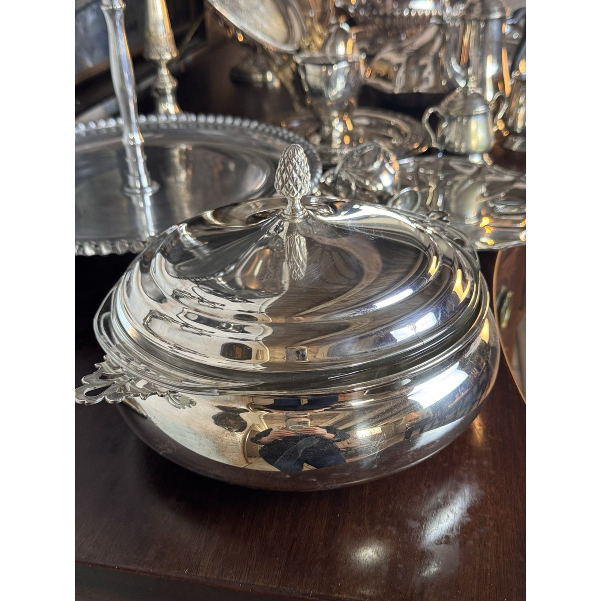 Silverplate Casserole Server Sheffield Silver Co Pyrex Insert Pinecone Lid 9”