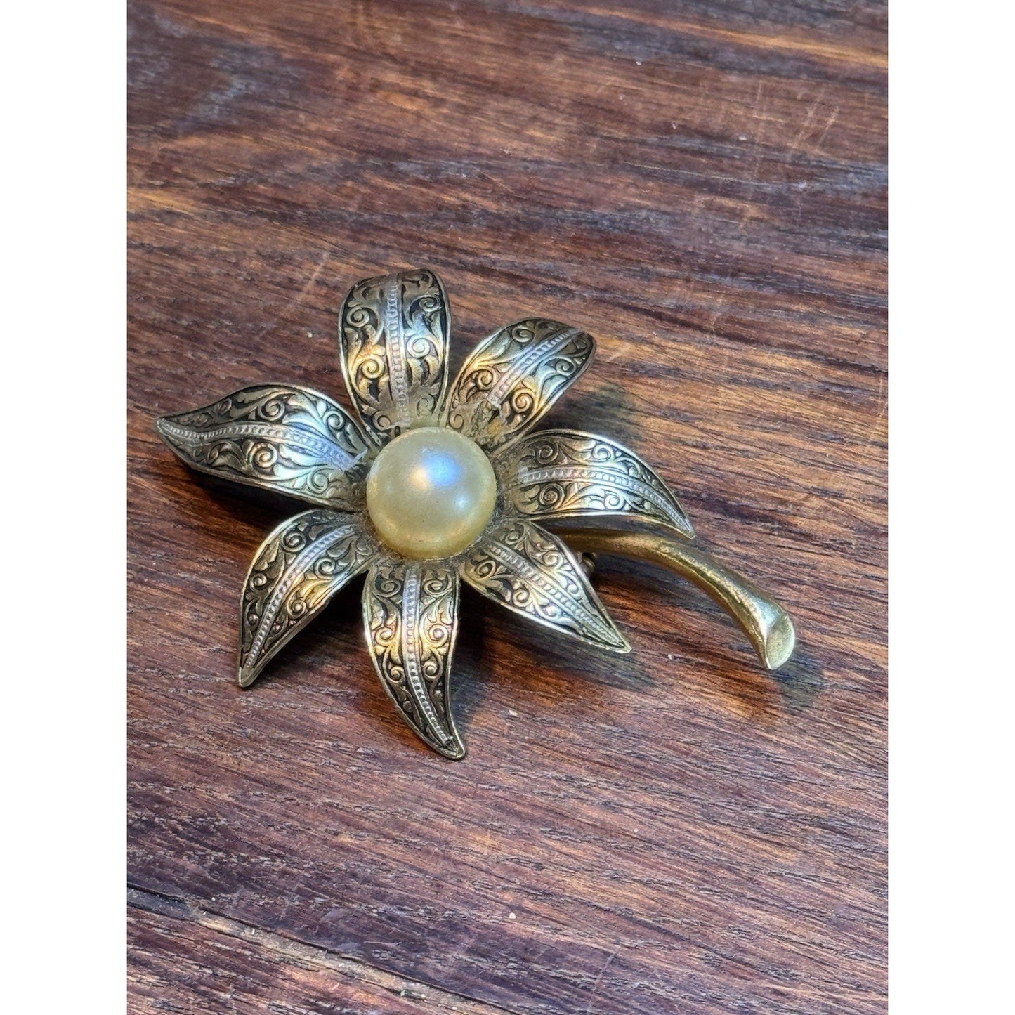 Spain Damascene Flower Brooch Goldtone Faux Pearl Vintage Toledo Style