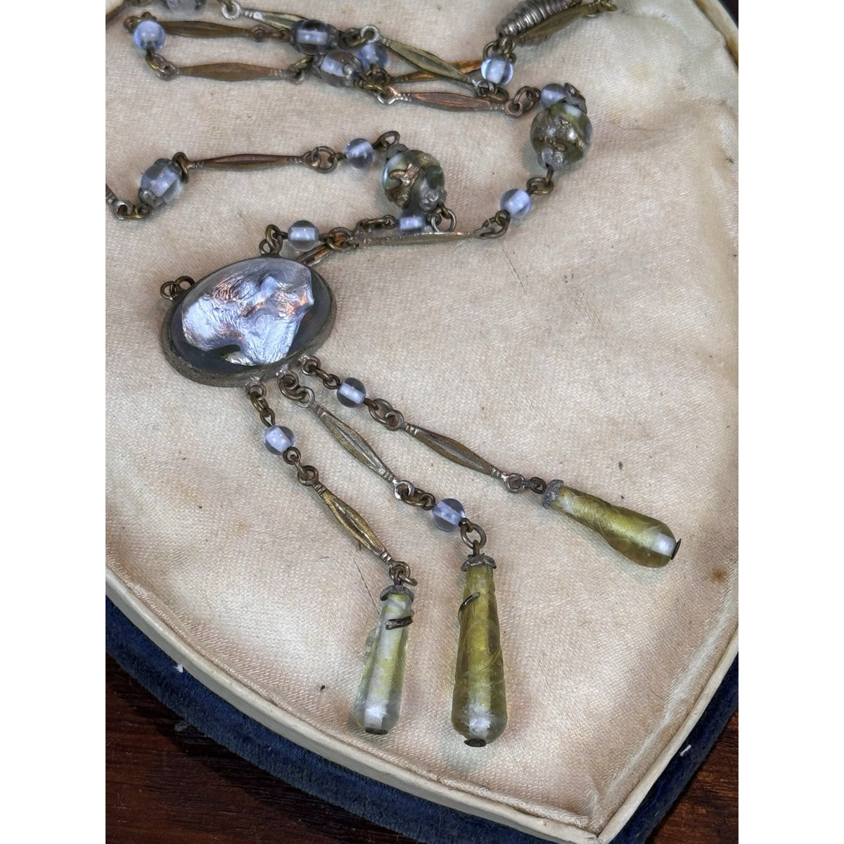 Antique Czech Style Art Glass Necklace Blue Green Glass Dangle Drop 20”