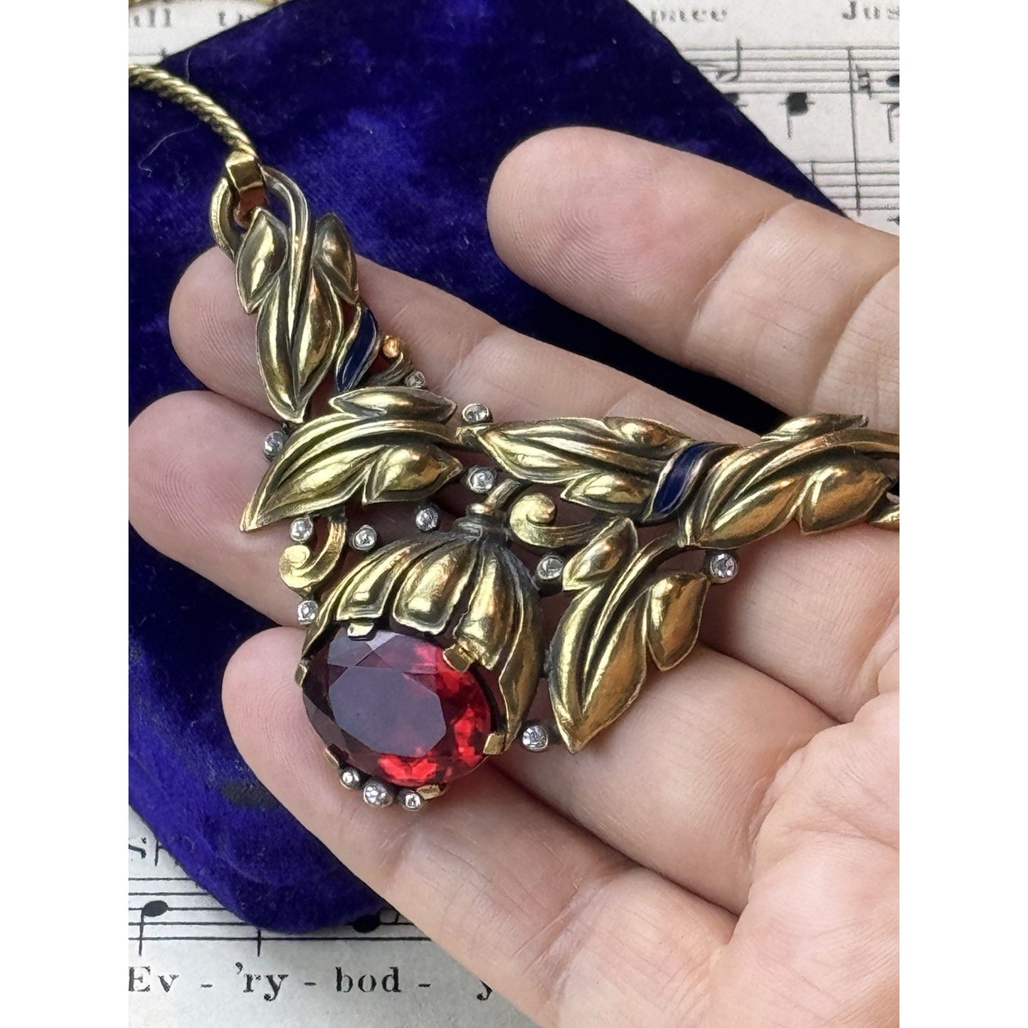 Vintage Trifari Alfred Philippe Bell Flowers Necklace Ruby Red Glass 16.5”