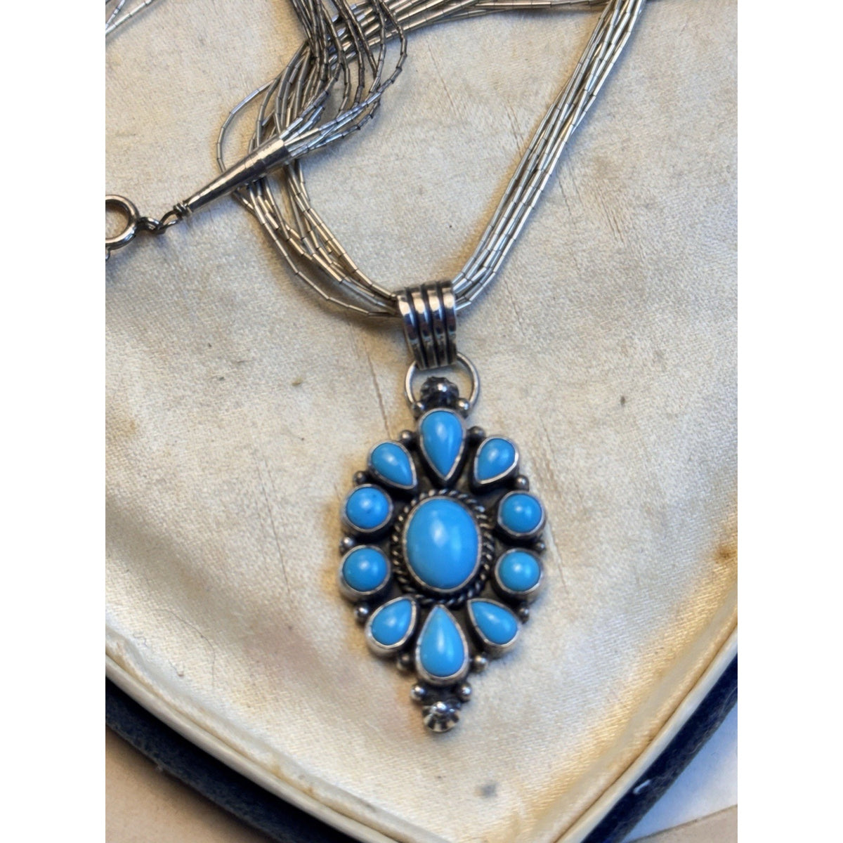 L GANADO Sterling NAVAJO Turquoise Pendant Signed Waterfall Necklace 17.5”