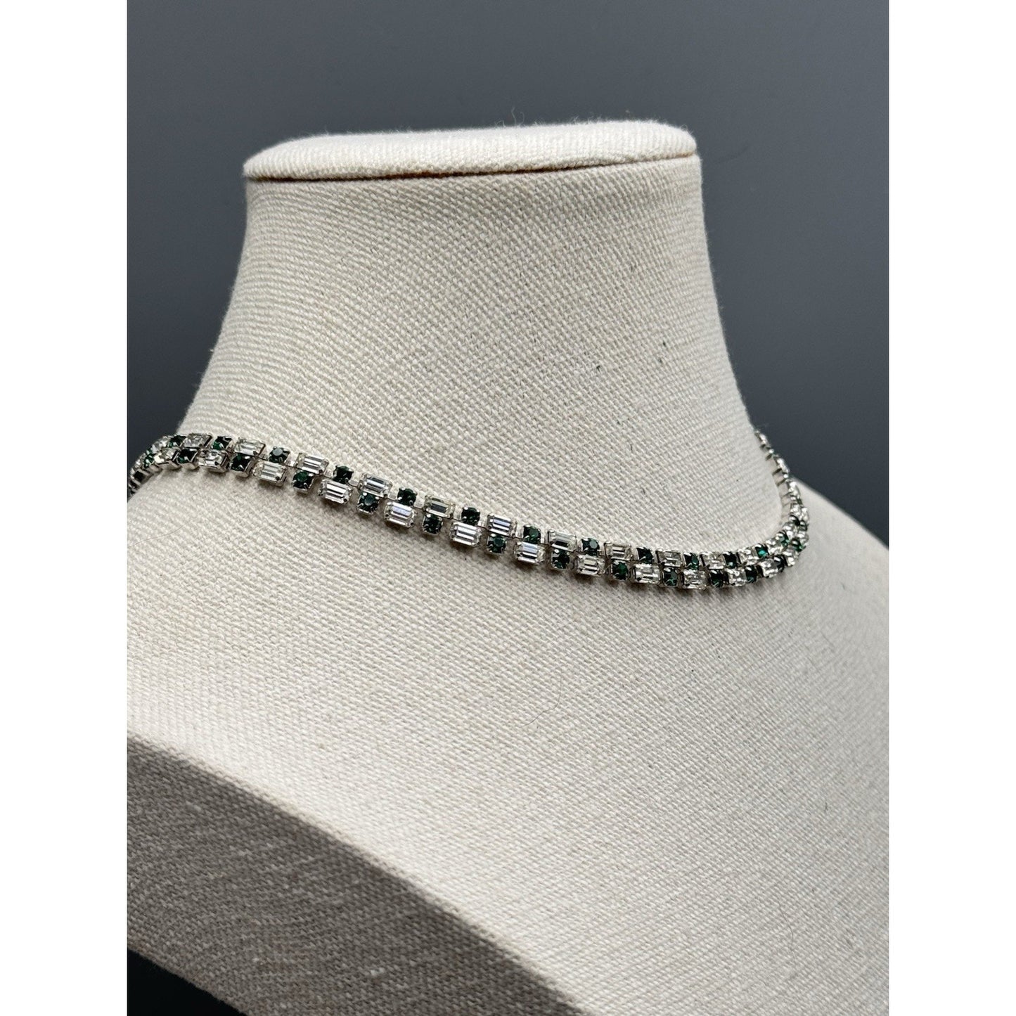 Schoffel Austria Necklace Green Clear Rhinestone Signed Vintage 15.5”