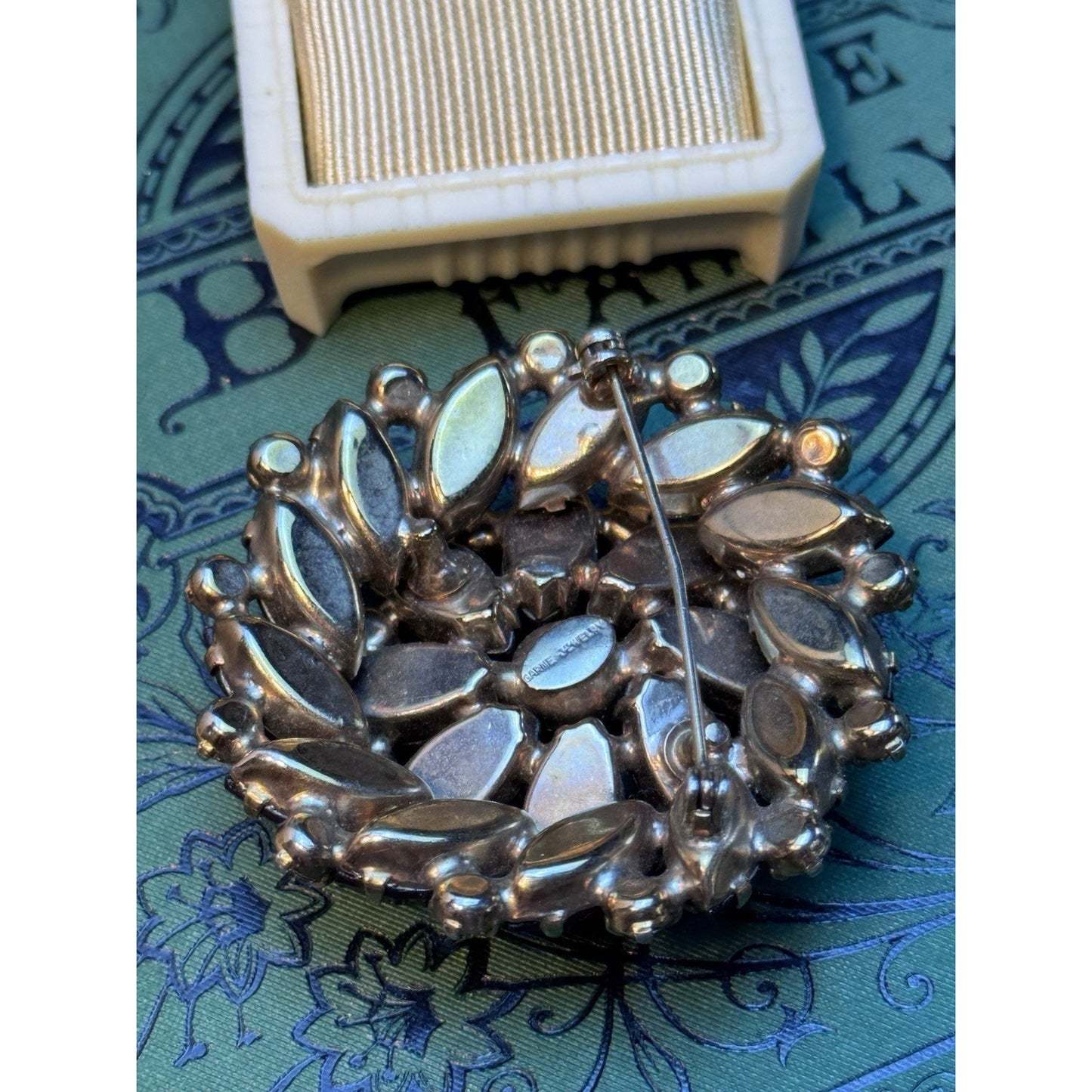 Vintage Garné Brooch Pin Jewelry Red AB Rhinestone Statement Floral Design 2”