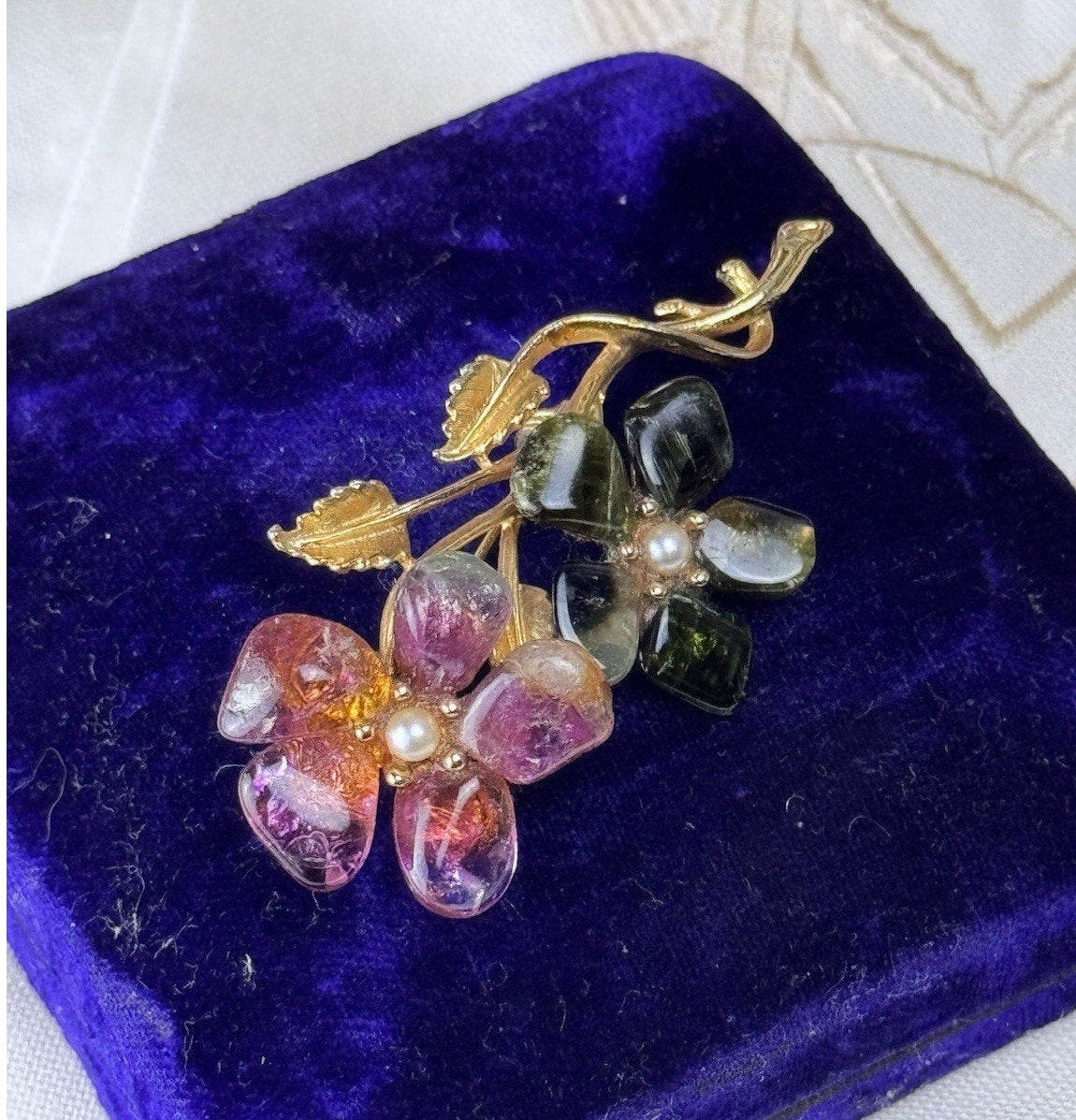 Vintage Pink Green Stone Floral Brooch Seed Pearl Goldtone 2.75” Estate Pin