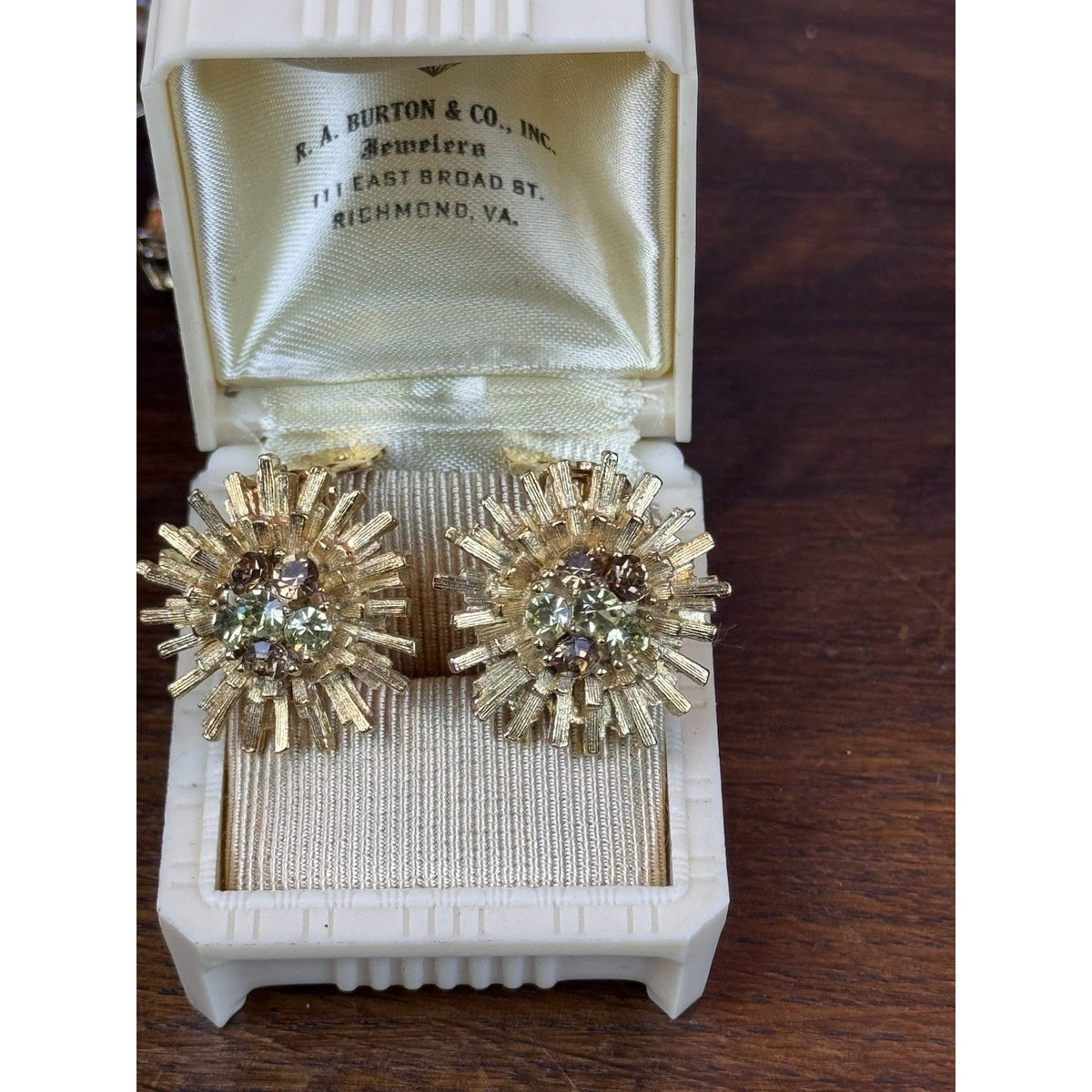Vintage Clip Earrings Rhinestone Starburst Goldtone Green Brown .75”