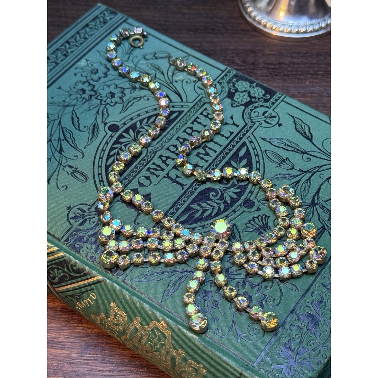 Vintage Butterfly Necklace Aurora Borealis Rhinestone Statement 15”