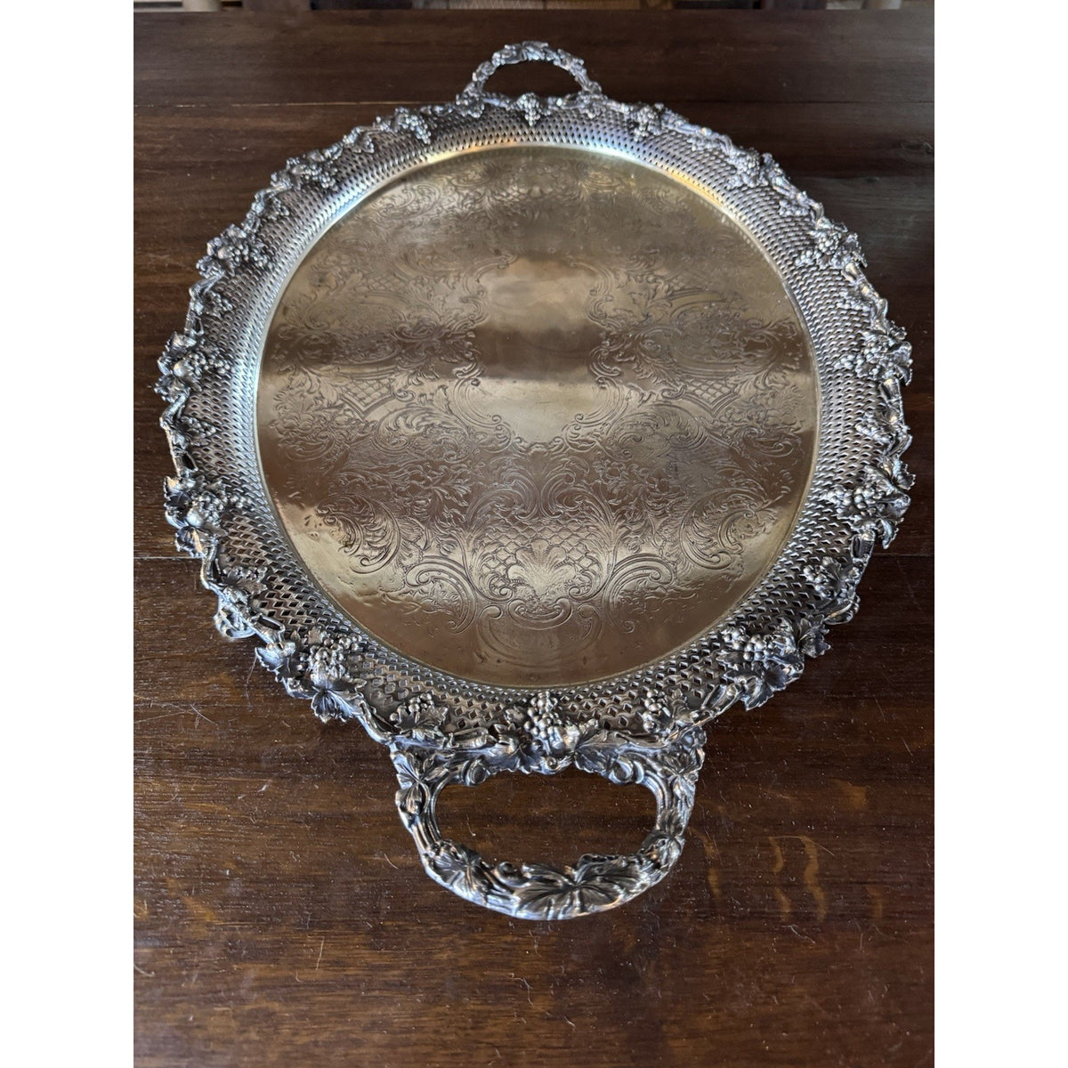 Antique Sheffield Silverplate Oval Serving Tray Footed Reticulated 28” Handles