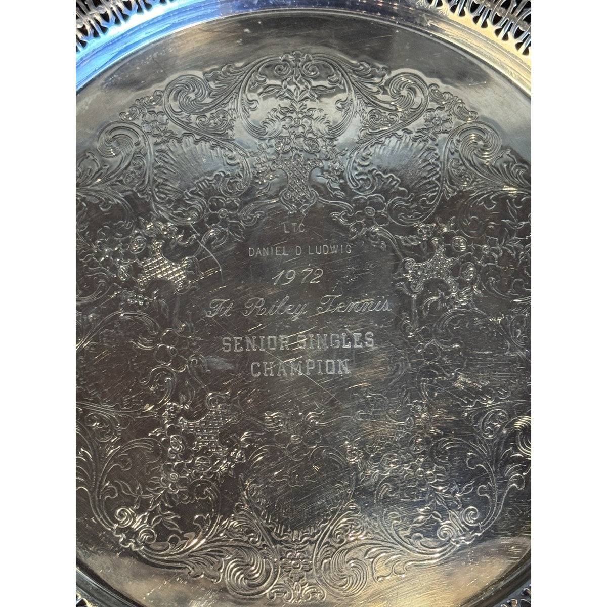 Silverplate Reticulated Charger Tray Ornate Engraved Tennis Trophy 1972 12”