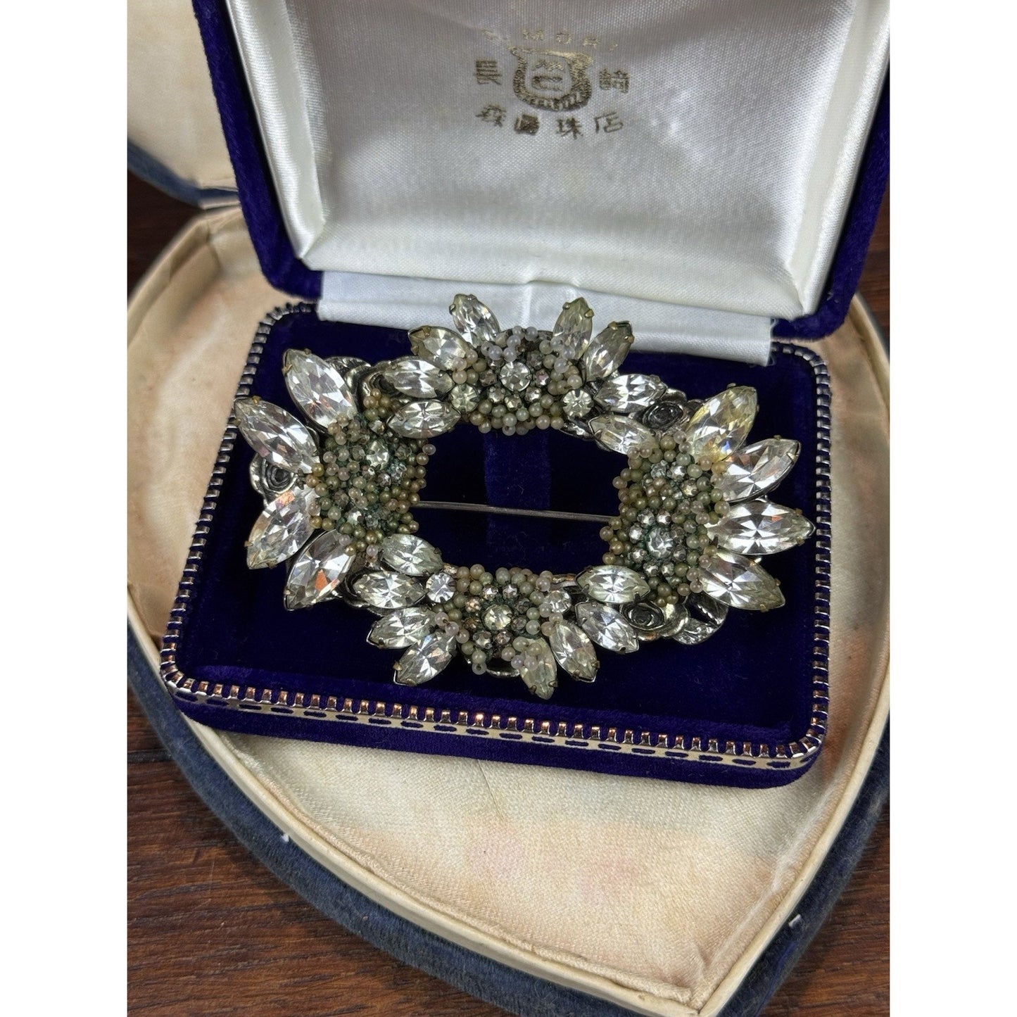 VTG Miriam Haskell Brooch Rhinestone Seed Pearl Floral Wreath Signed 3” READ‼️