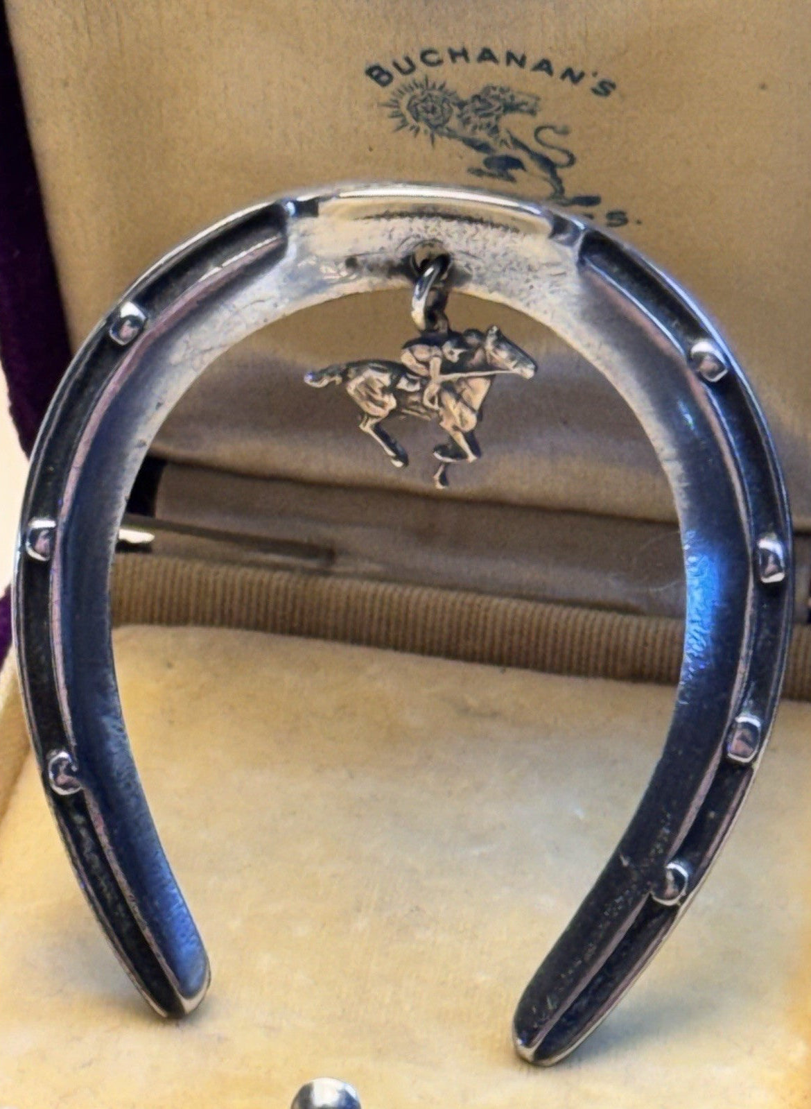 Sterling Brooch Horseshoe Horse Jockey Dangle Equestrian Racing Vintage 2”