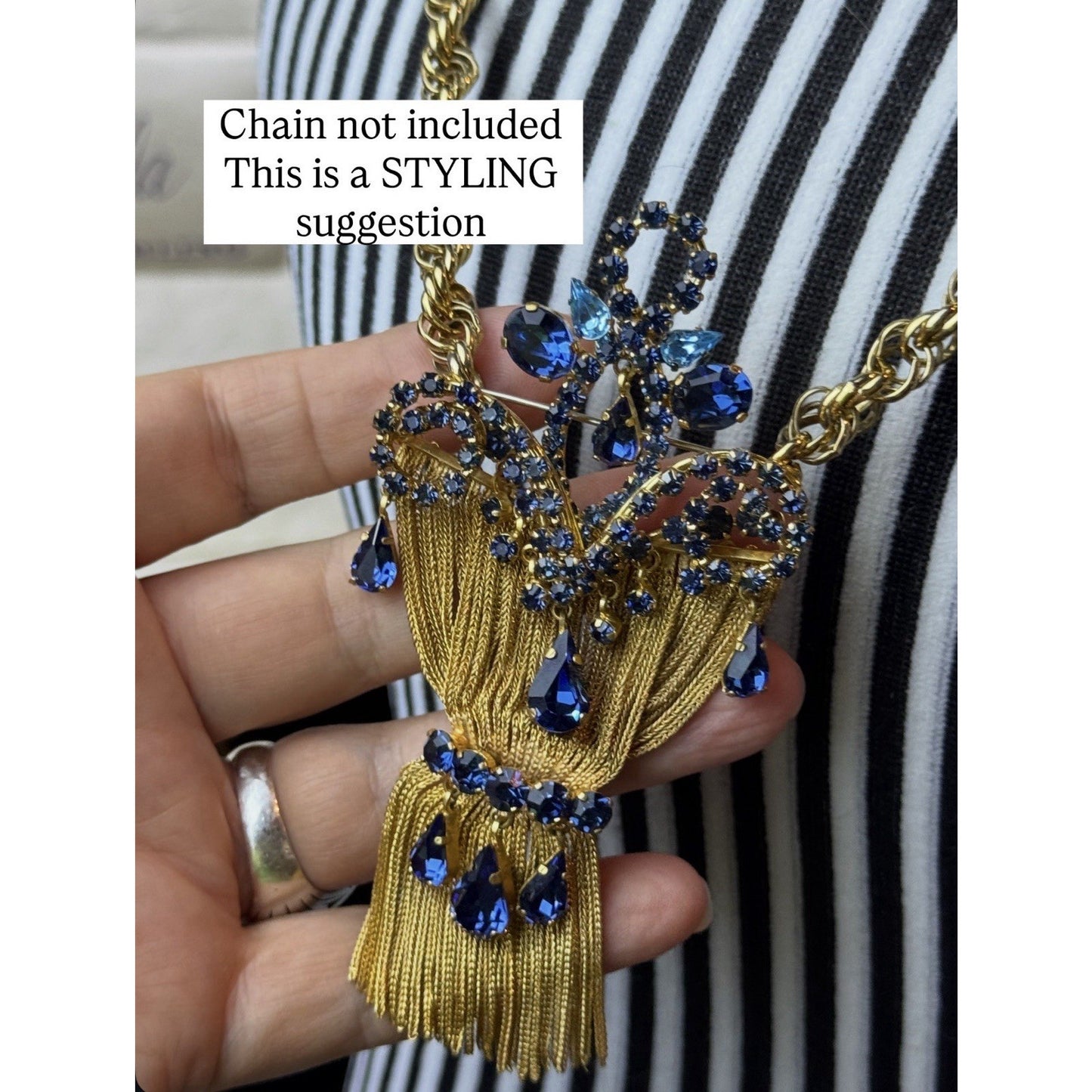 Vintage Blue Rhinestone Tassel Brooch Goldtone Statement Pin 4” Fringe