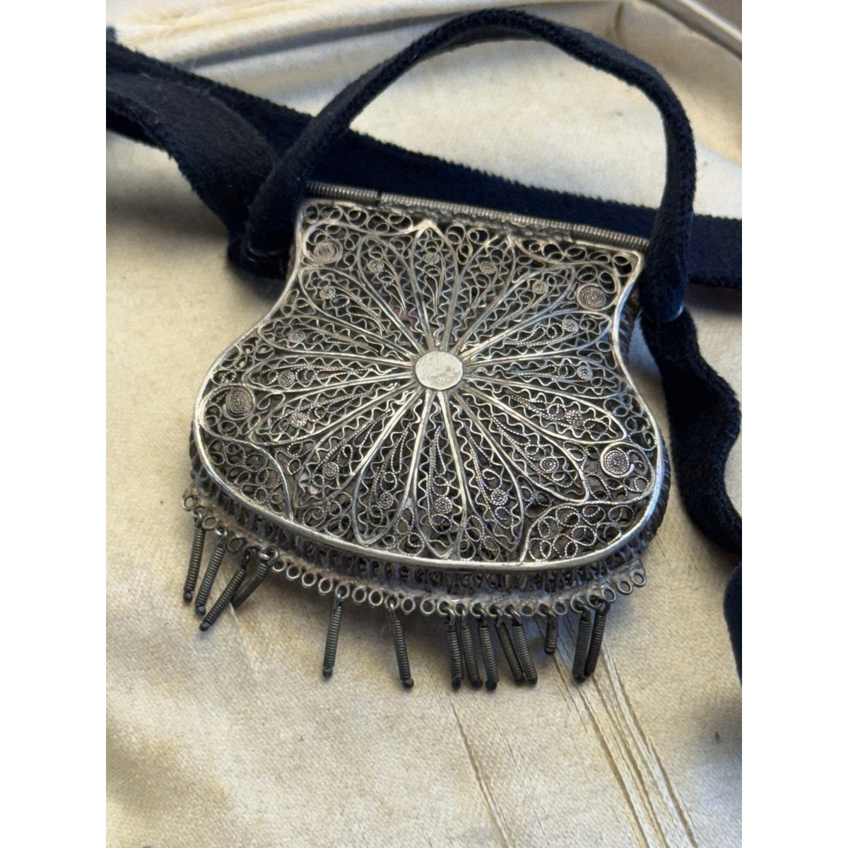 Silvertone Chatelaine Coin Purse Cannetille Filigree Floral Velvet Ribbon