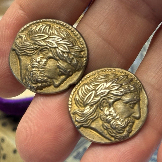 800 Silver Cufflinks Zeus Coin Gold Wash Greek Mythology Round Vintage .87” Pair