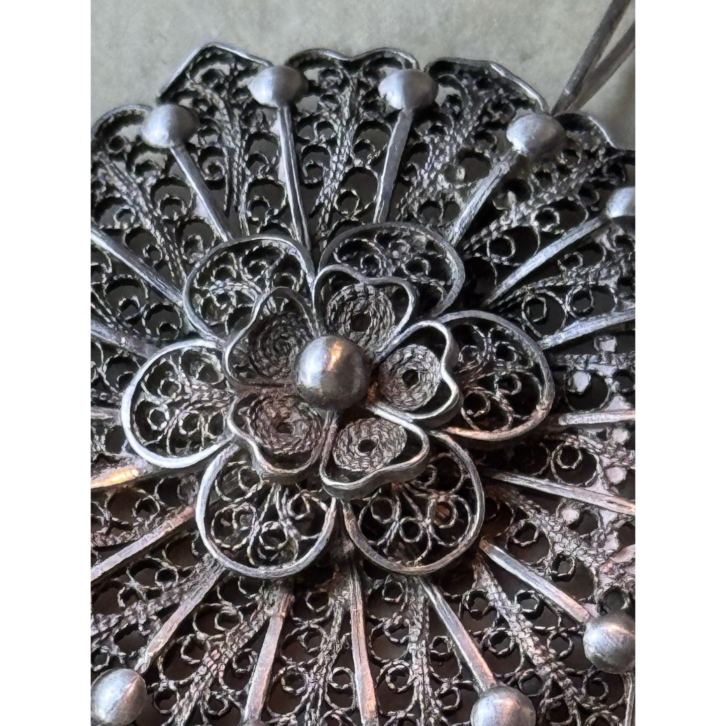 Vintage Silver Filigree Flower Pendant Tested Silver 1.75” Statement Jewelry